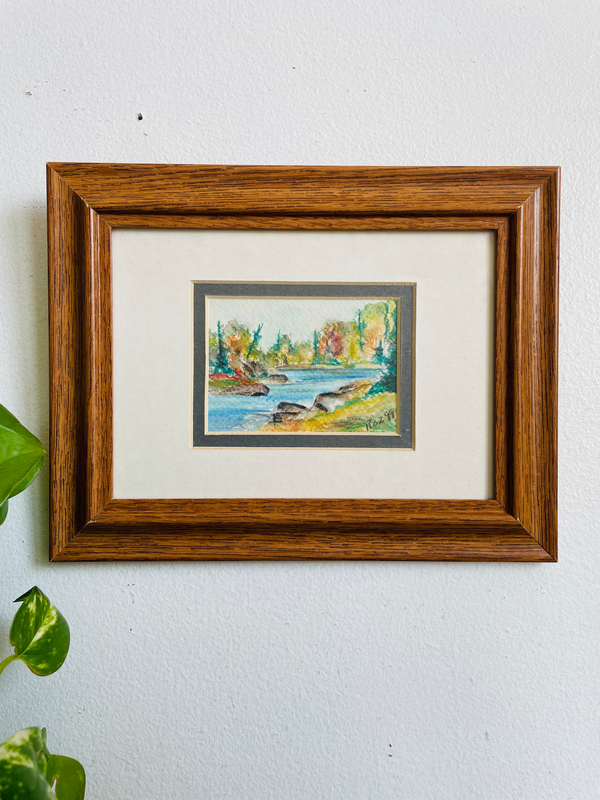 Vintage 1999 Original Art Watercolour Painting of Nature Landscape Scene - River With Forest & Trees - Artist Signed Roz