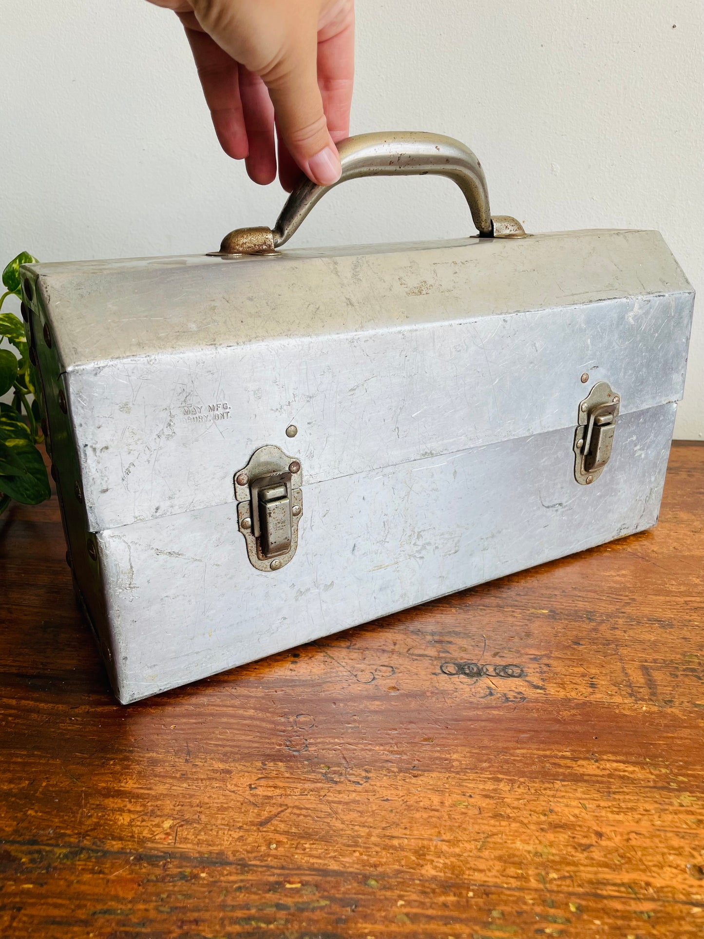Vintage L. May Mfg Aluminium Metal Silver Miner's Pail / Construction Lunchbox - Made in Sudbury, Ontario
