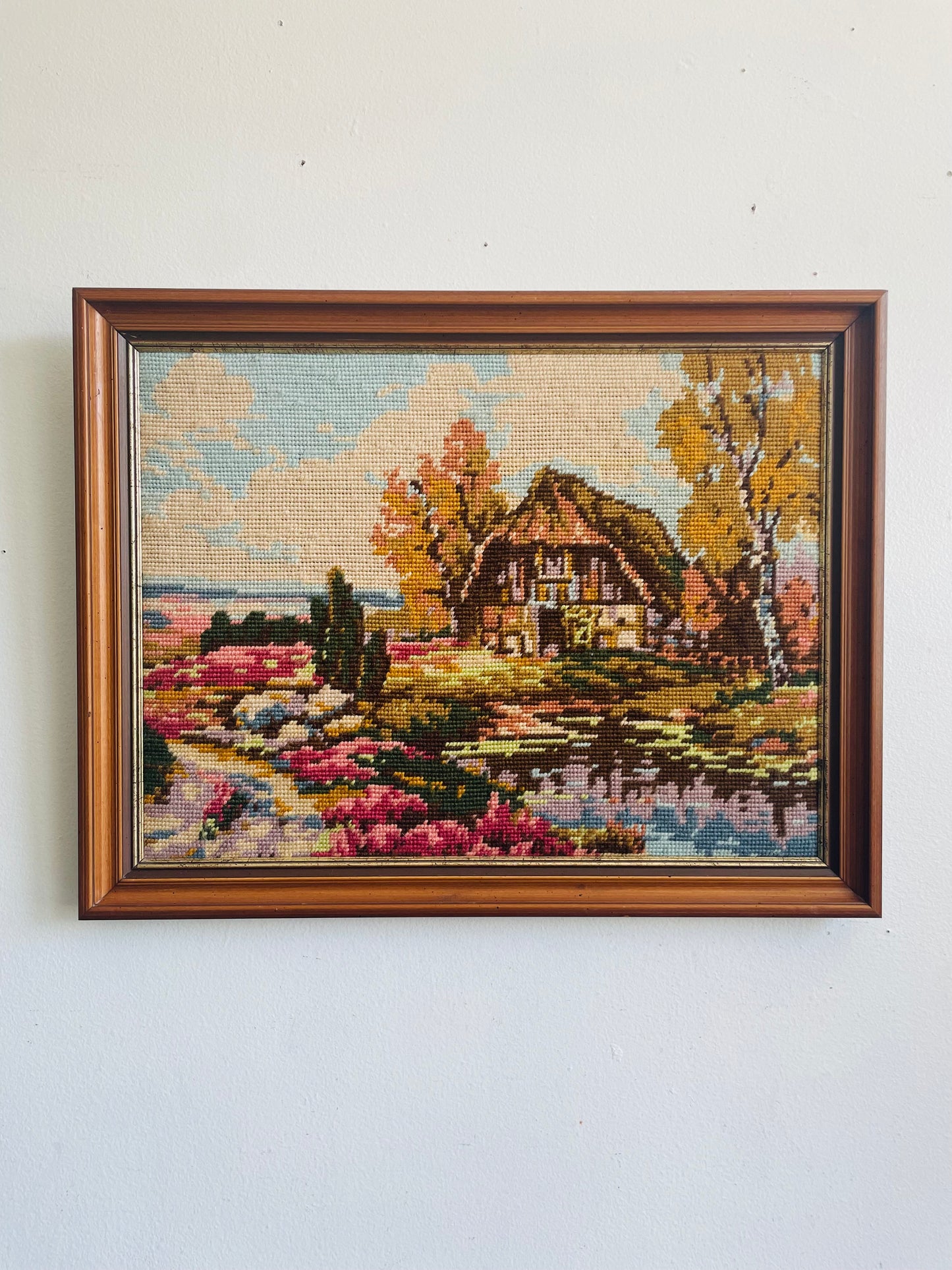 Vintage Needlepoint Embroidery Picture of Thatched Roof Cottage in Countryside with Beautiful Gardens