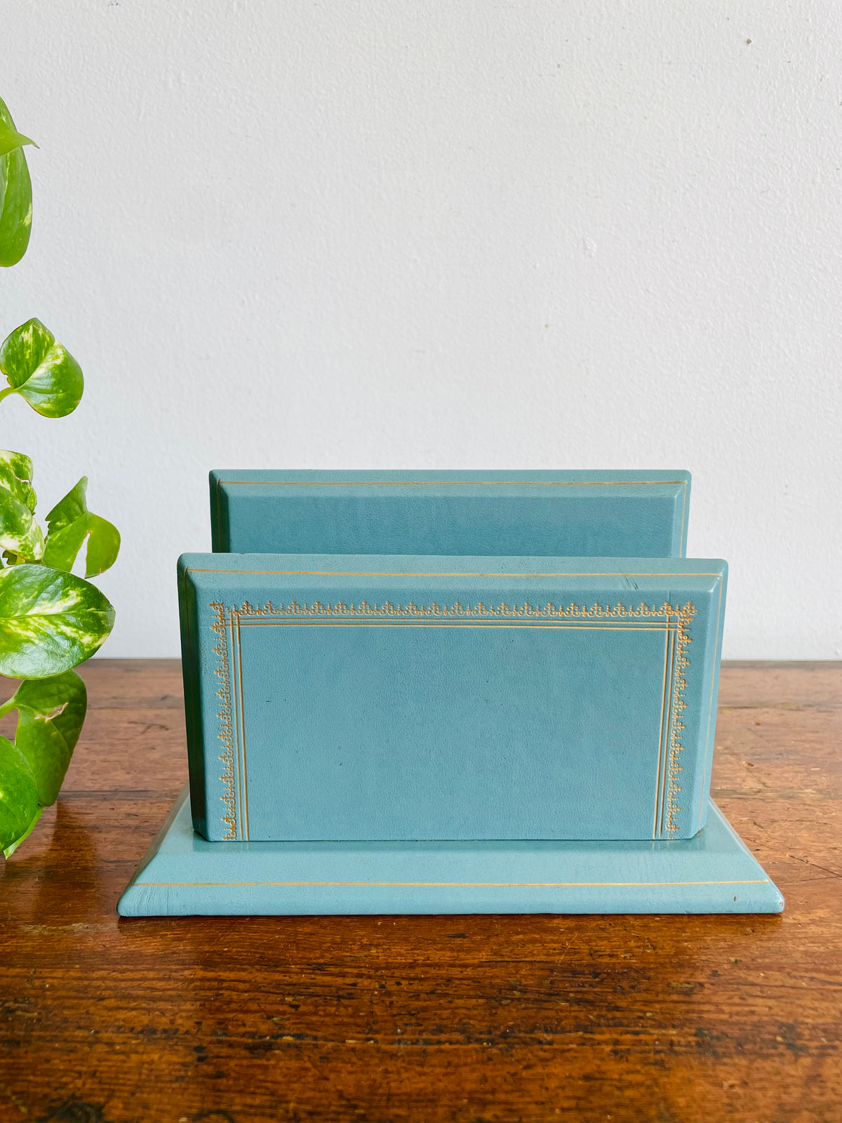 Vintage C.P. Leathercrafts New York Blue & Gold Leather Office Desk Organizer / Mail Letter Card Holder