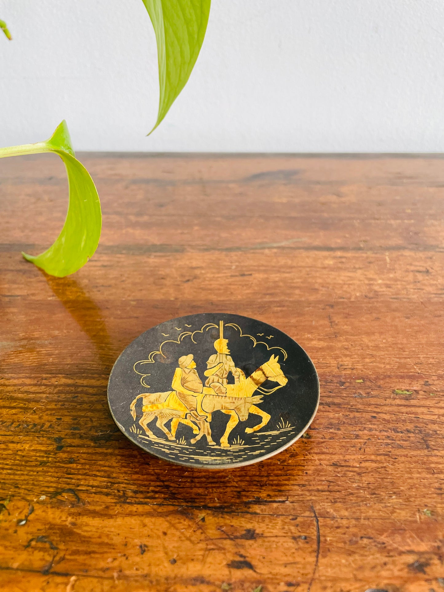 Spanish Damascene Gold Footed Dish Plate with Don Quixote & Sancho Panza Design