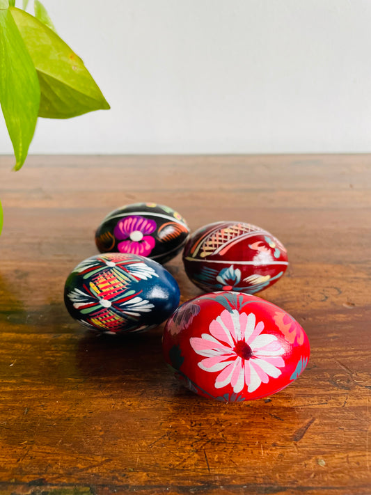 Hand Painted Wood Eggs with Various Designs - Set of 4