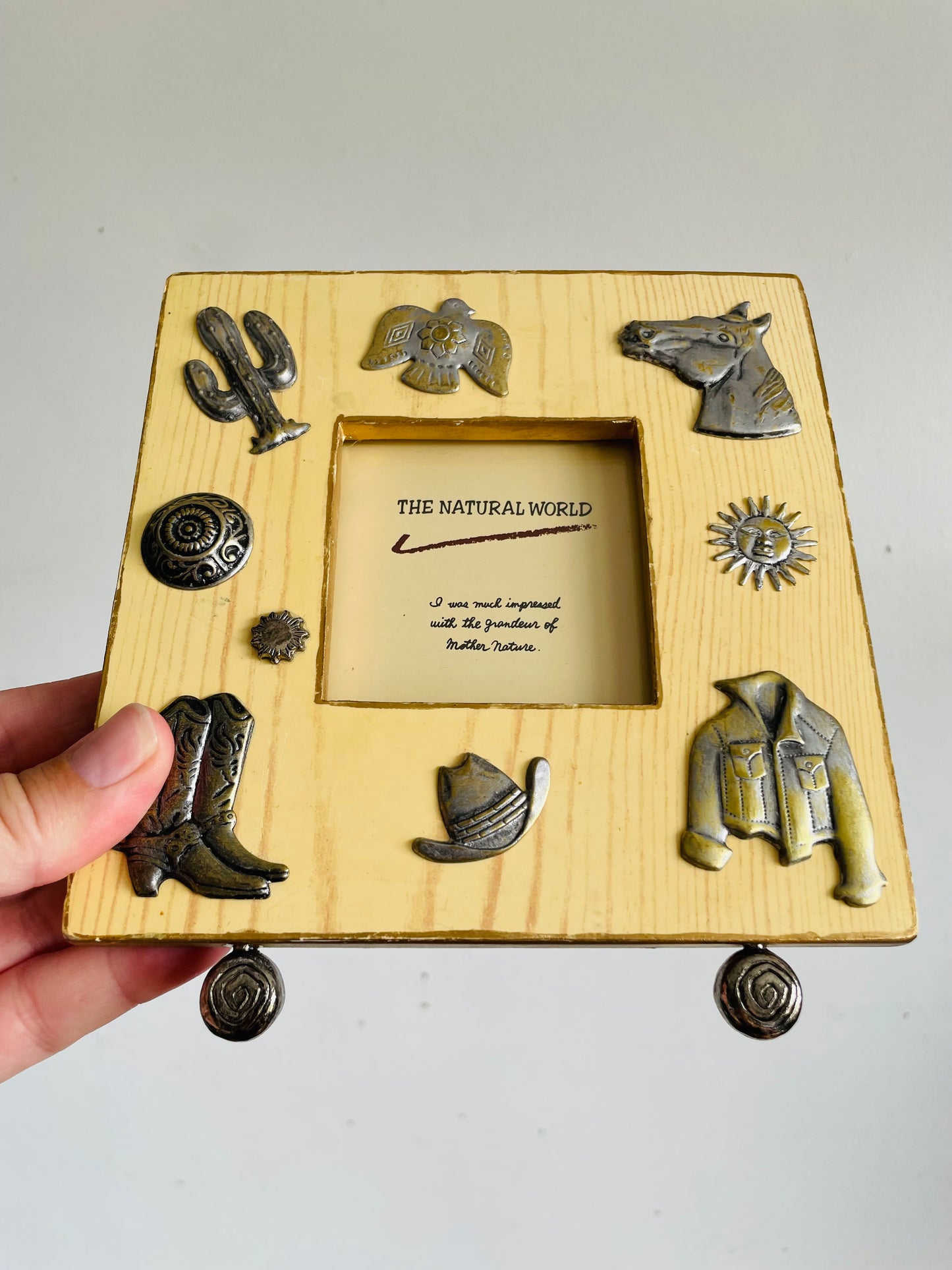 Vintage Western Cowboy Equestrian Themed Picture Frame with Silver Boot, Hat, Jacket, Horse, Cactus & Bird Details - Easel Backing - The Natural World - Made in Thailand - 2.5" x 2.5" Photo Size