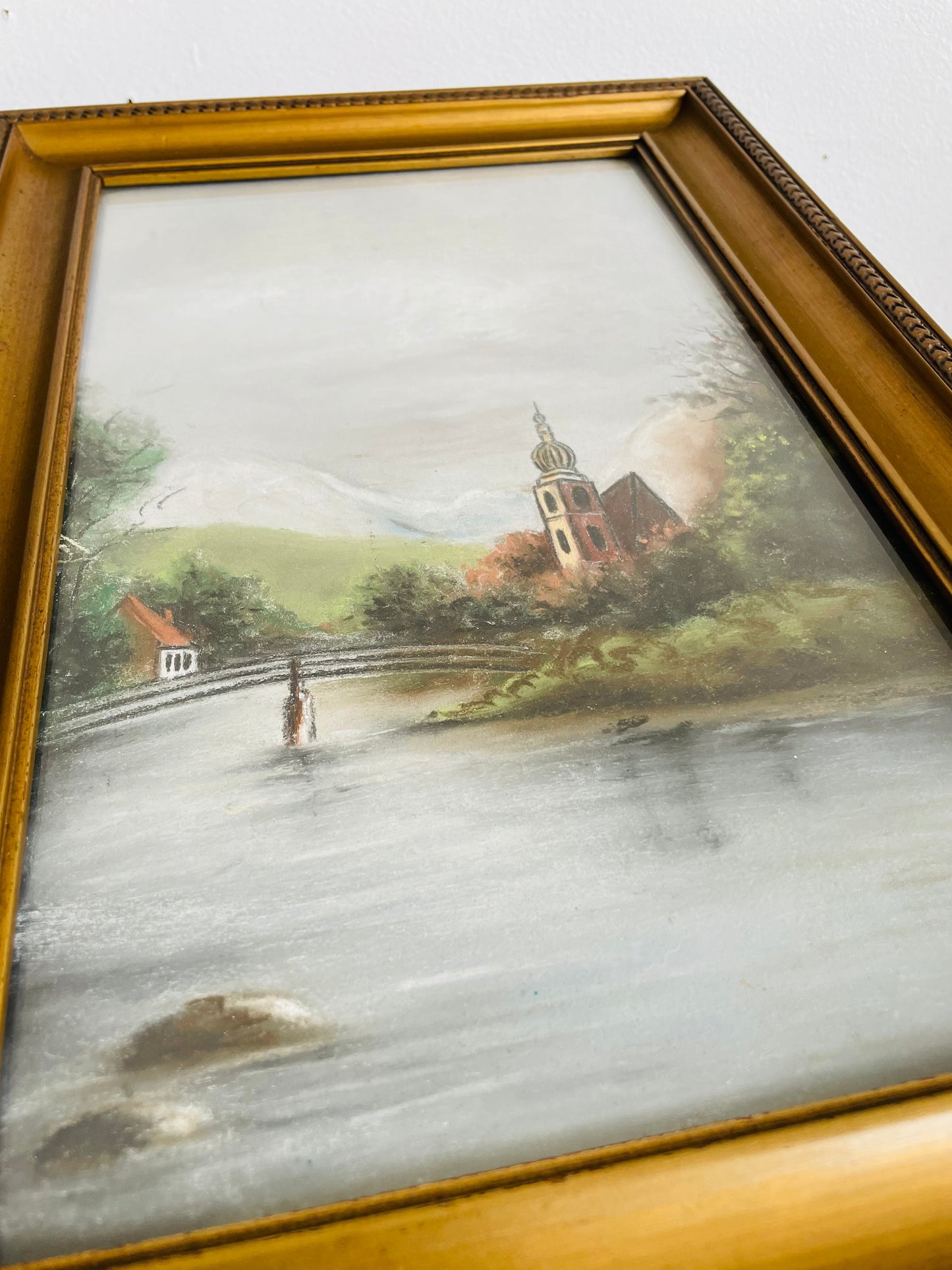 Antique 1922 Original Art Soft Pastel Painting Picture in Gold Frame of European Village Town Beside River & Bridge - Artist Signed