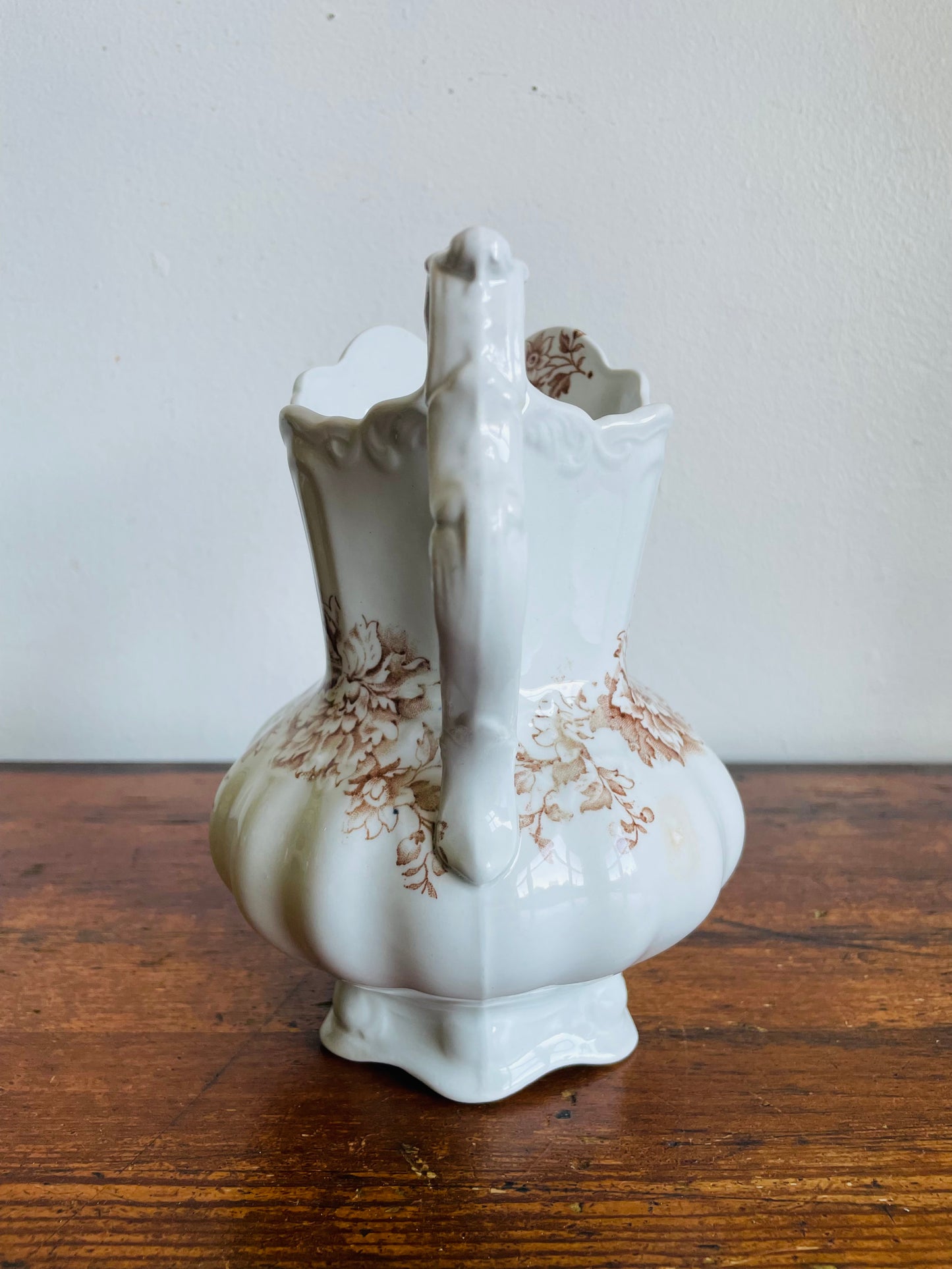 Vintage White & Brown Transferware Vase Pitcher with Ornate & Floral Pattern