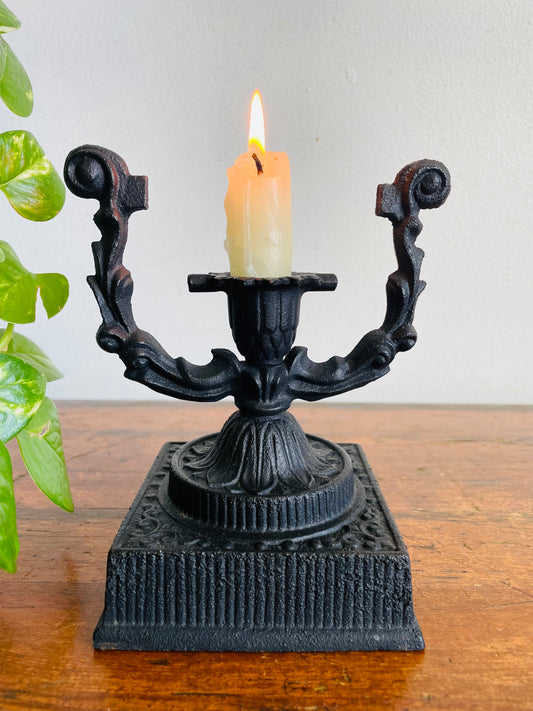 Vintage Wilton Ornate Black Cast Iron Candle Holder with Scroll Arms & Square Base - Gothic Style Decor