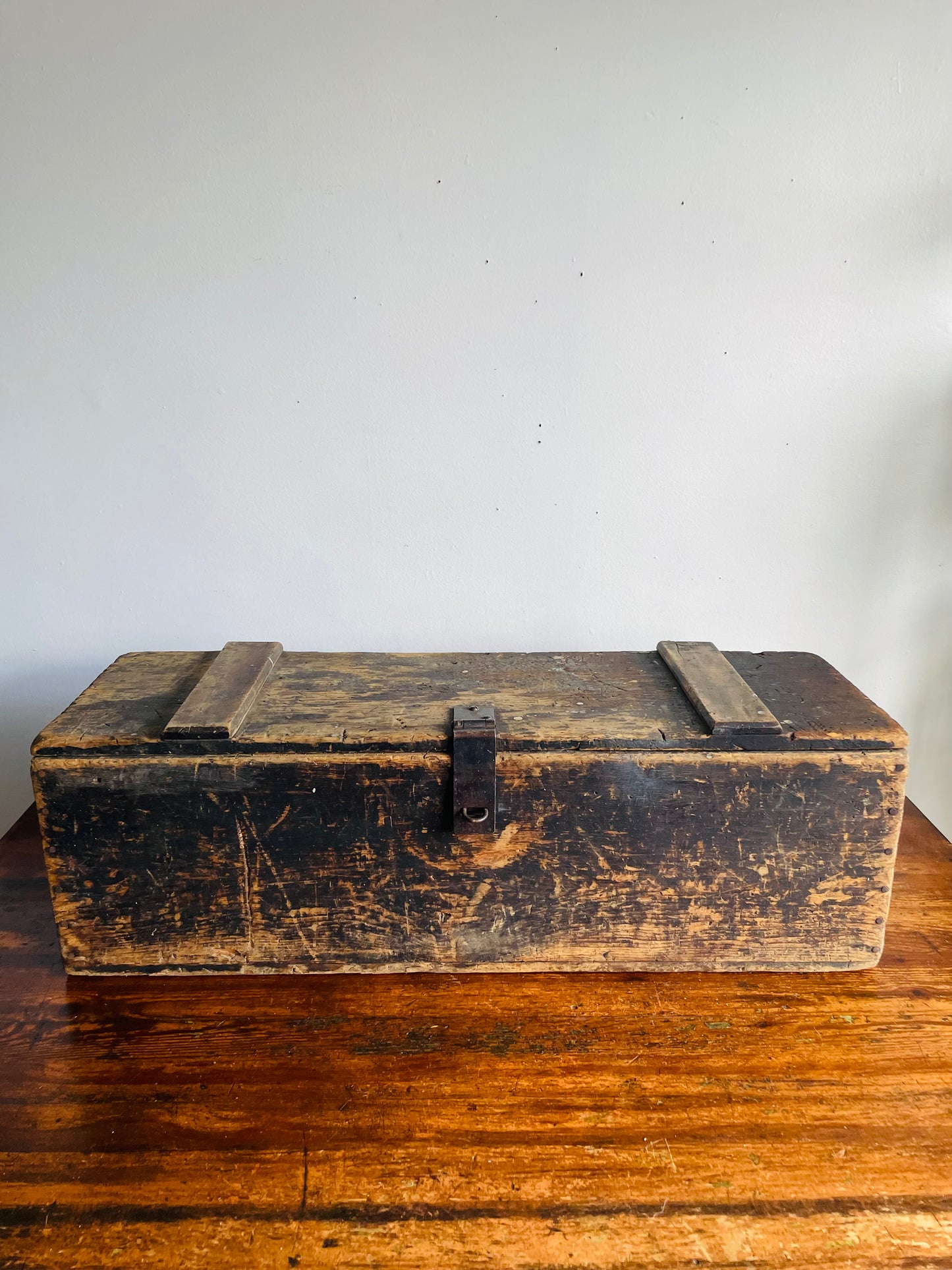 Vintage Solid & Rustic Wood Box Trunk with Beautiful Aged Patina, Metal Latch to Close, Hinged Lid & Leather Handles - Great Indoor or Outdoor Porch Decor!