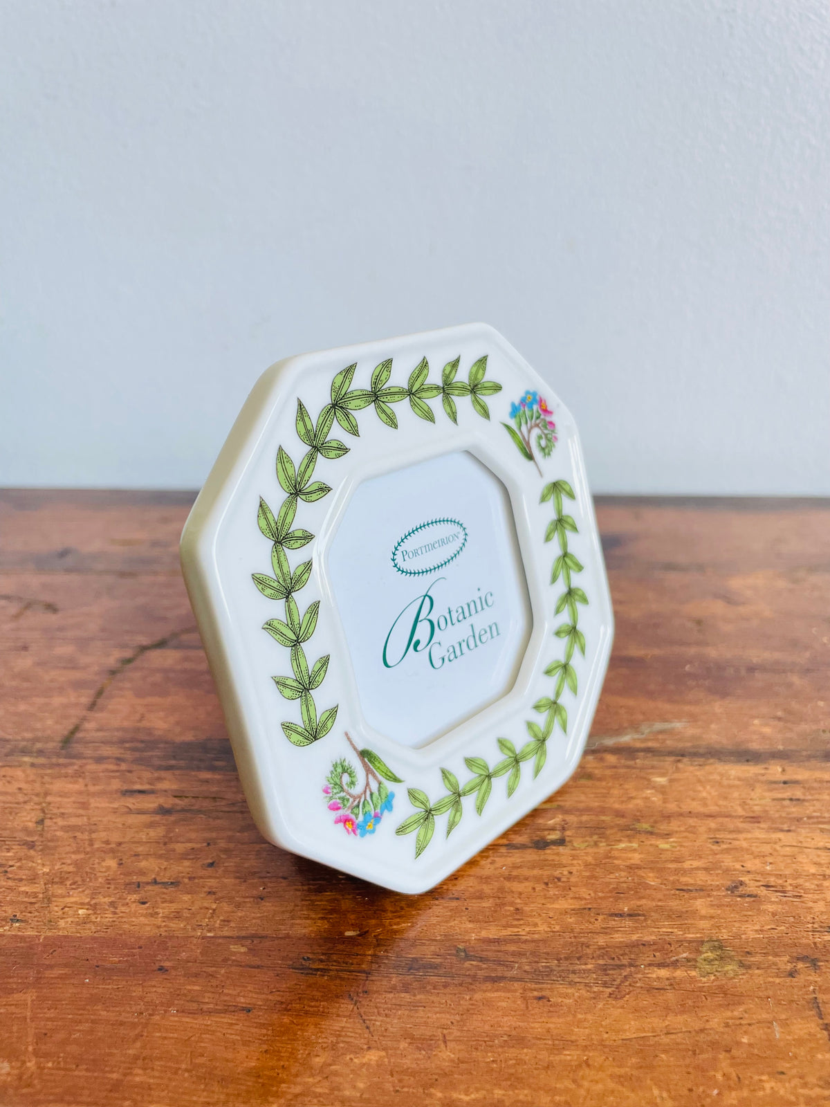 Vintage Portmeirion Botanic Garden Octagon-Shaped Miniature Picture Frame with Easel Back & Flower & Leaf Design - 2" x 2" Photo Size