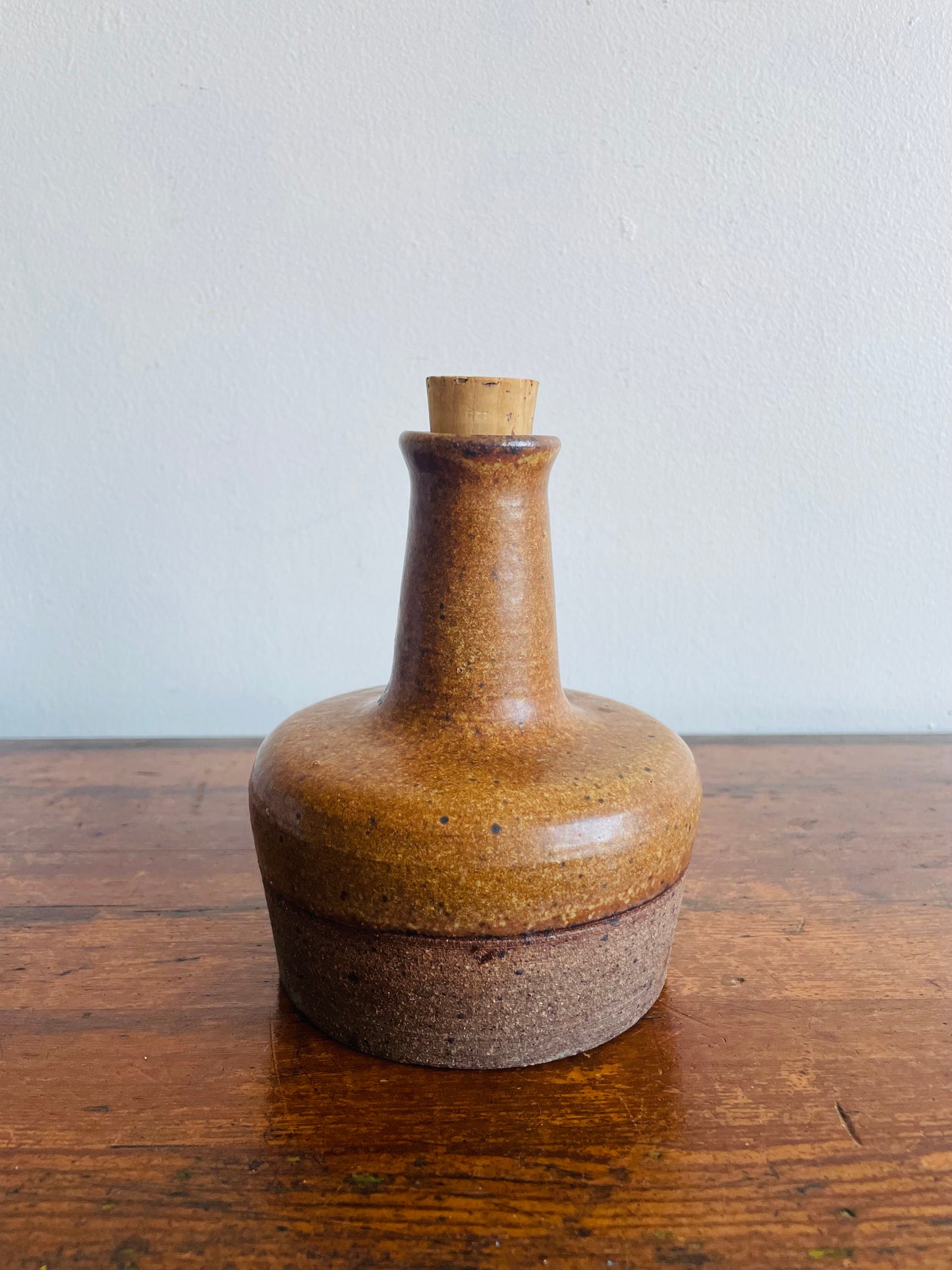 1971 Studio Art Pottery Speckled Brown Stoneware Liquor Decanter Set with 4 Shot Glasses