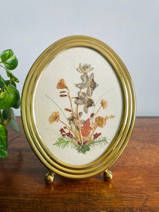 Vintage Dried & Pressed Canadian Wildflowers in Oval Brass Footed Frame from Kawartha Lakes Area, Ontario - Can Hang or Stand - Rene Crafts