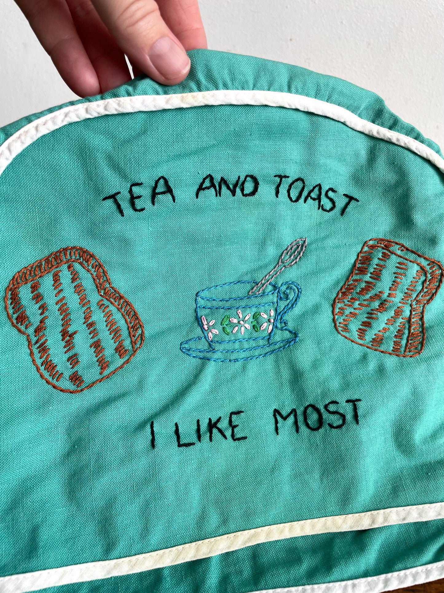 Vintage Handmade Needlepoint Embroidery Teal Green Toaster Cozy Cover with Adorable Graphics - Tea and Toast I Like Most