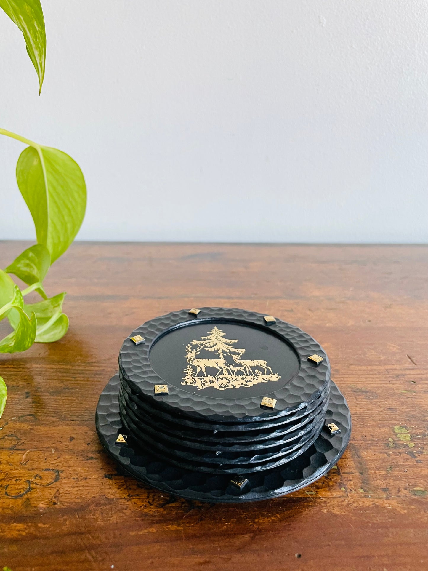 Embossed Gold & Black Woodland Creatures Coasters - Set of 6 with Holder Base