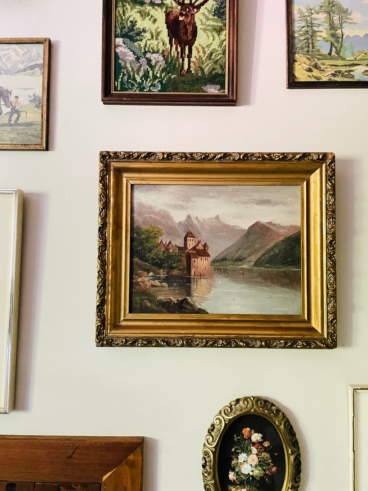 Vintage Original Art Painting Picture in Ornate Gold Frame - Chillon Castle, Switzerland On Lake Geneva with Dents du Midi Alps Mountain Range in Background