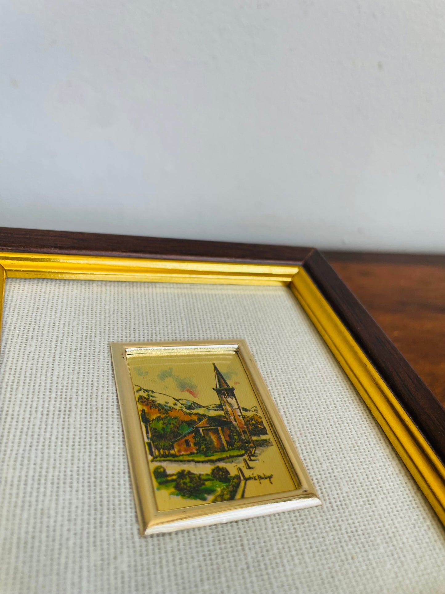 Vintage Italian Hand-Pressed Lithography on Gold Leaf Picture with Small European Village Scene