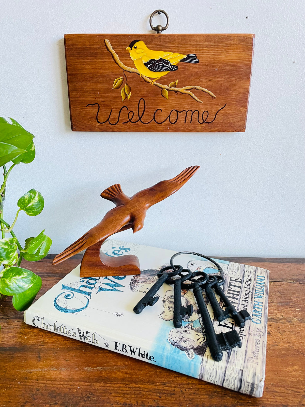 Vintage Wood Welcome Sign with Hand Painted Yellow Bird Design