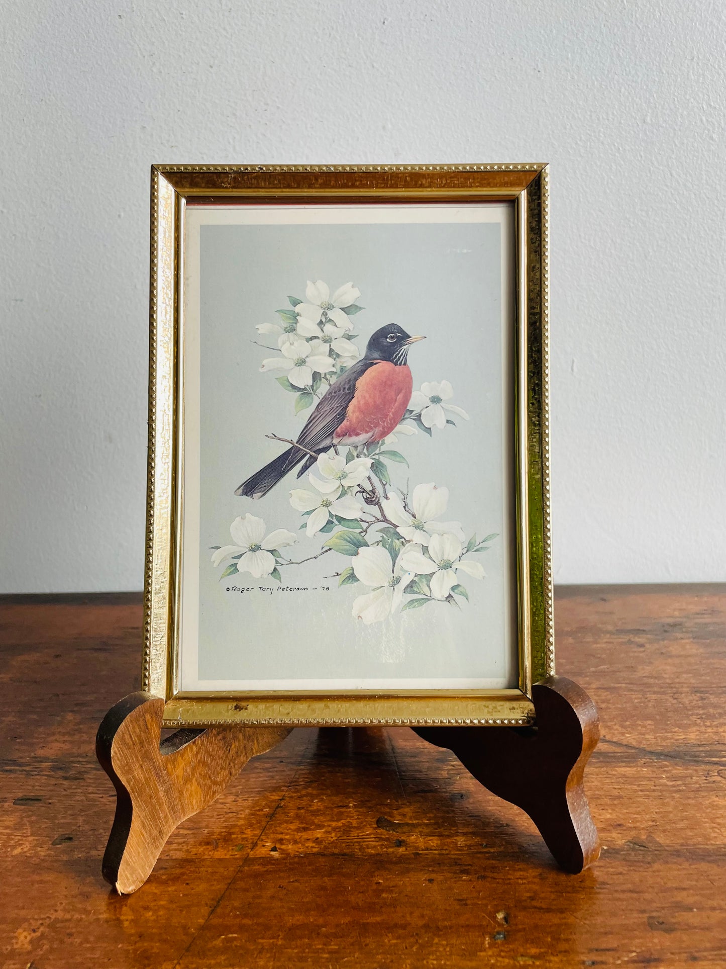 Robin Bird & Flowers Print in Brass Frame - Roger Tory Peterson 1978