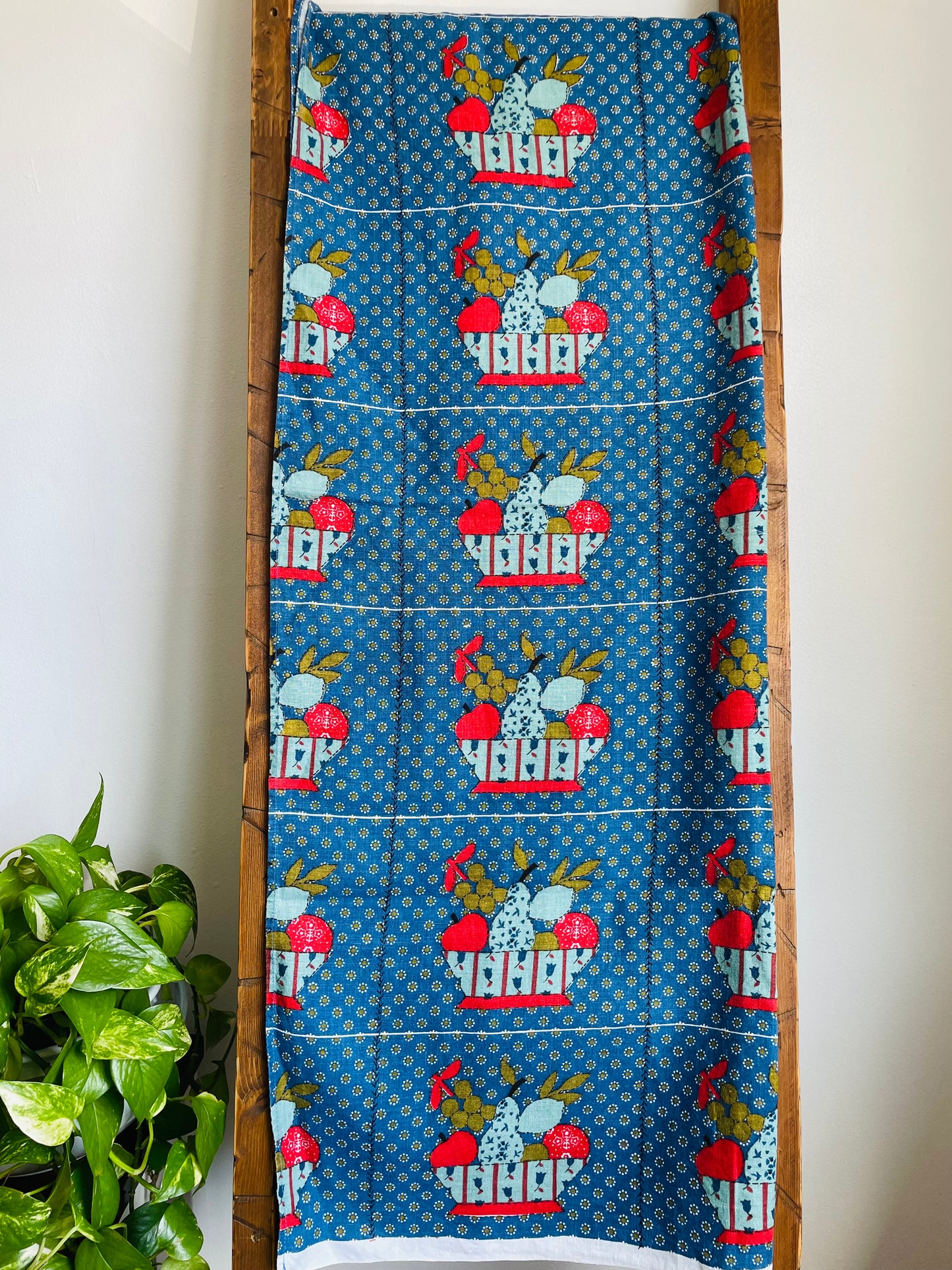 Adorable Blue Linen Tablecloth with Flower Background & Fruit Bowl Graphic - Also Makes Great Fabric!