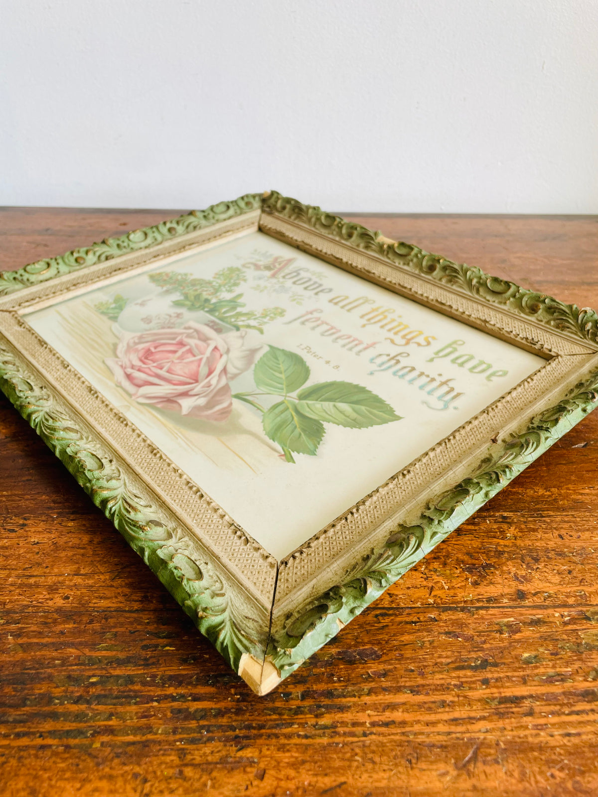 Antique 1891 Botanical Pink Rose Print Picture with Bible Verse I Peter 4.8 - Above All Things Have Fervent Charity - Ornate Wood Frame - 135 Years Old!