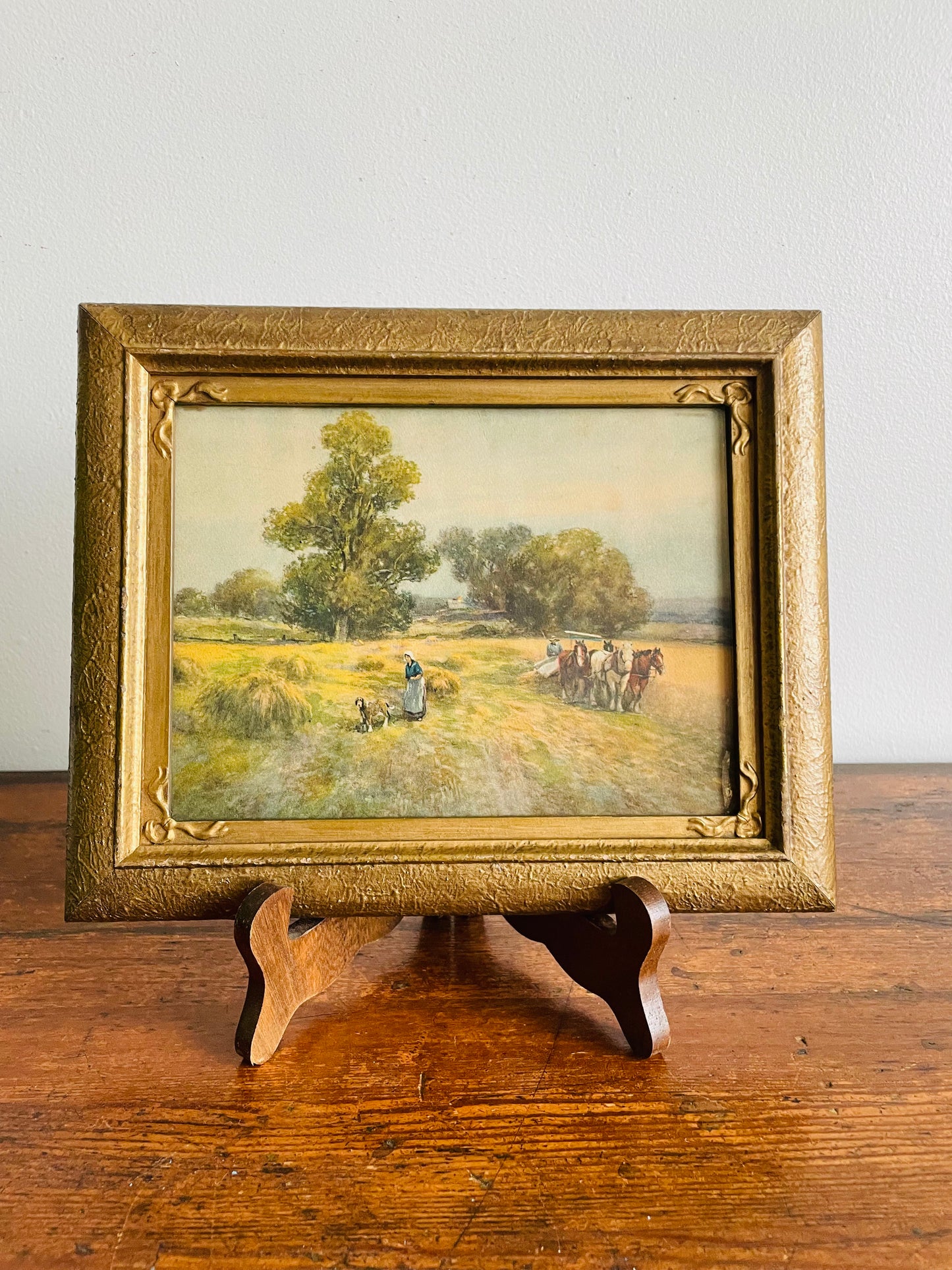 Framed Country Scene Print of People in Wheat Field with Dog & Plough Horses