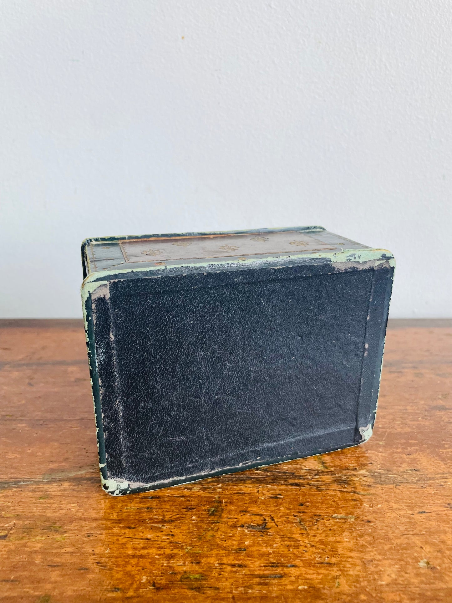 Vintage Black & Brown Italian Tooled Leather Box with Sloped Design & Hinged Lid - Wood Interior