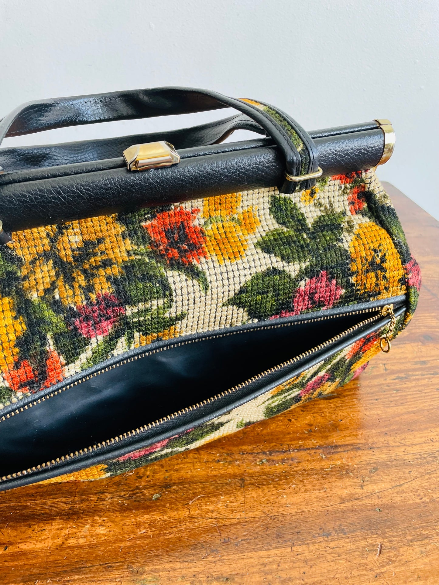 JR USA Floral Carpet Tapestry Bag Purse with Black & Brass Details