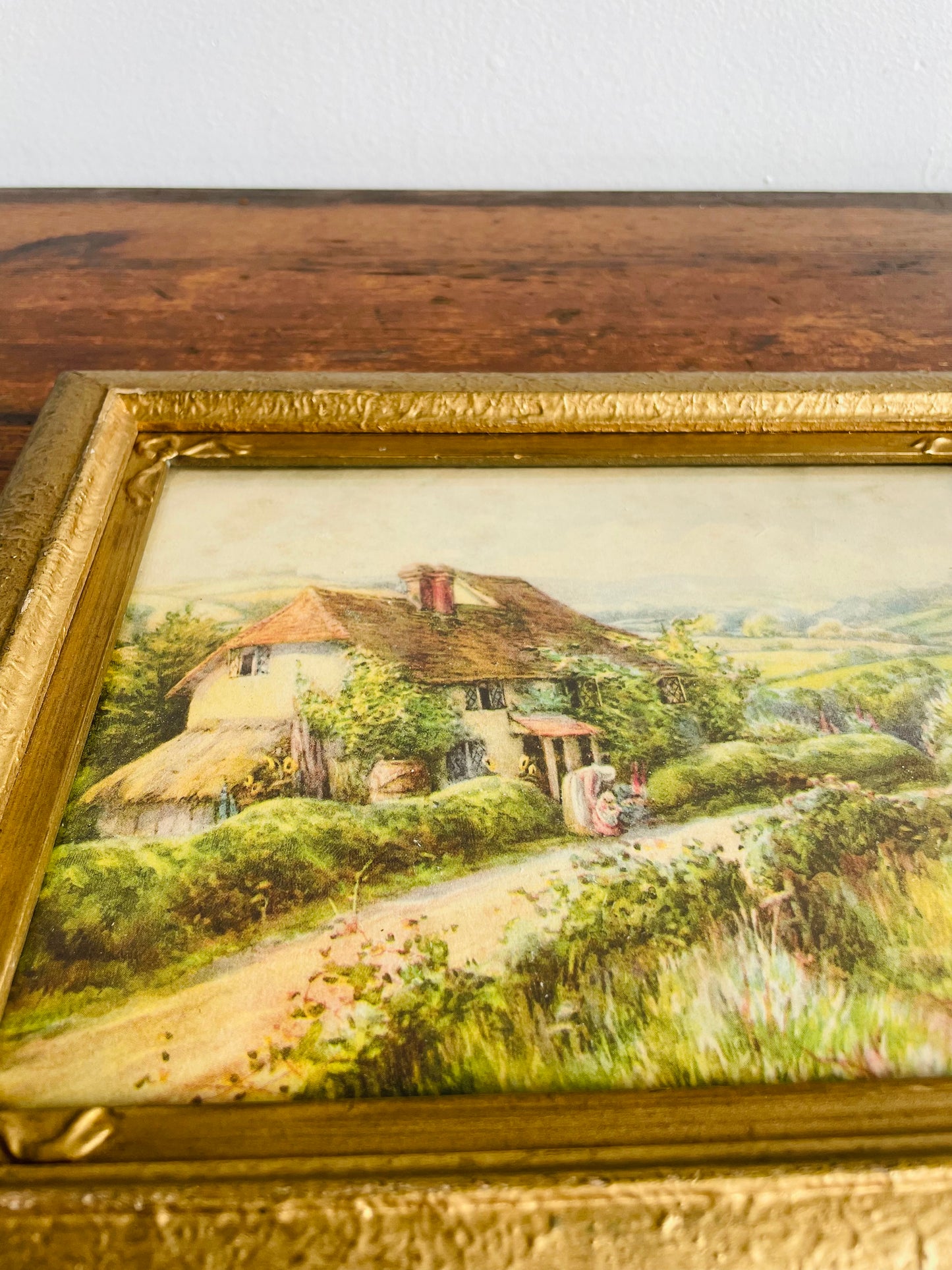 Framed Country Cottage Scene Print with Thatched Roof House, Woman & Child