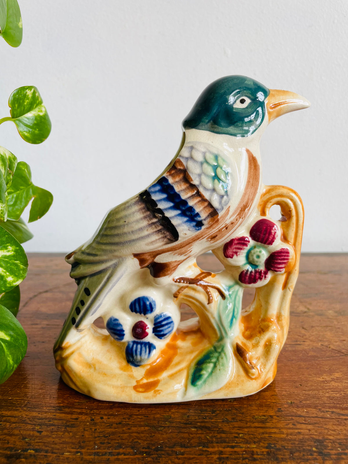 Vintage 1950s/60s Hand Painted Florart Ceramic Bird on Branch with Flowers Vase Planter