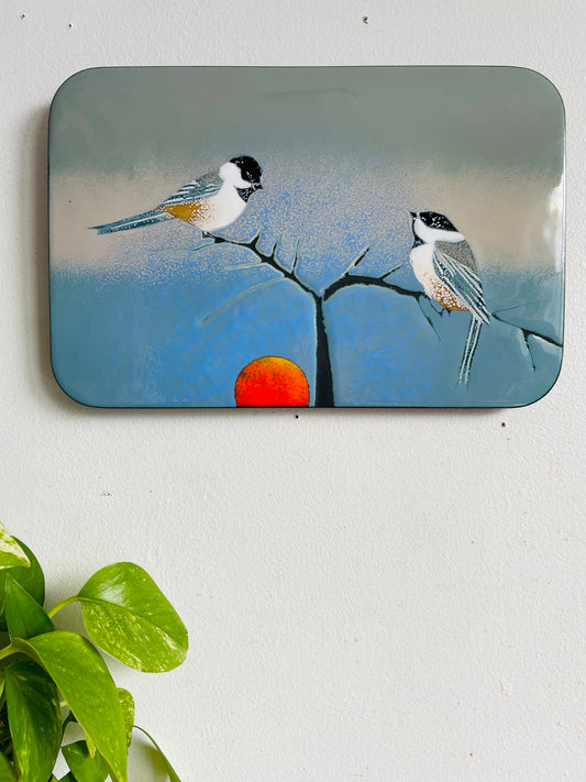 Vintage Hand Enamel on Copper Wall Plaque Picture - Signed by Canadian Artist B. E. Eren - Black-Capped Chickadee Birds on Branch with Sun - Made in Canada