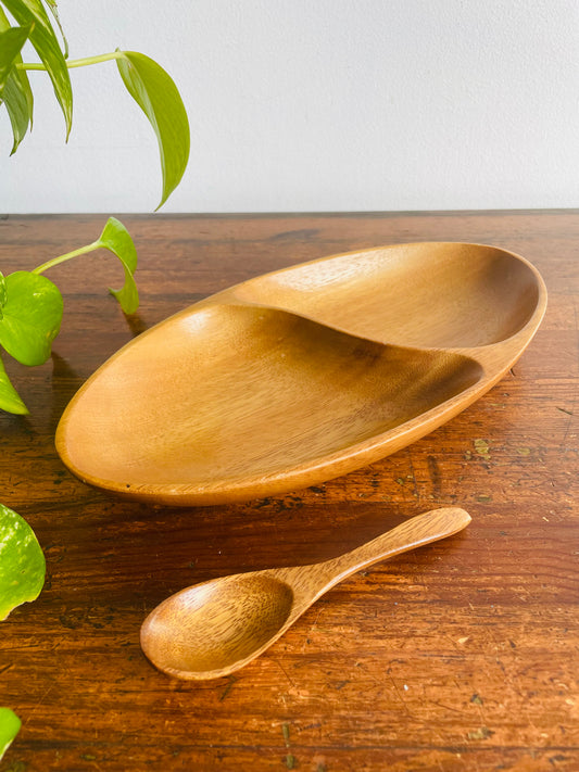 Divided Wood Serving Dish with Spoon - Set of 2 Pieces