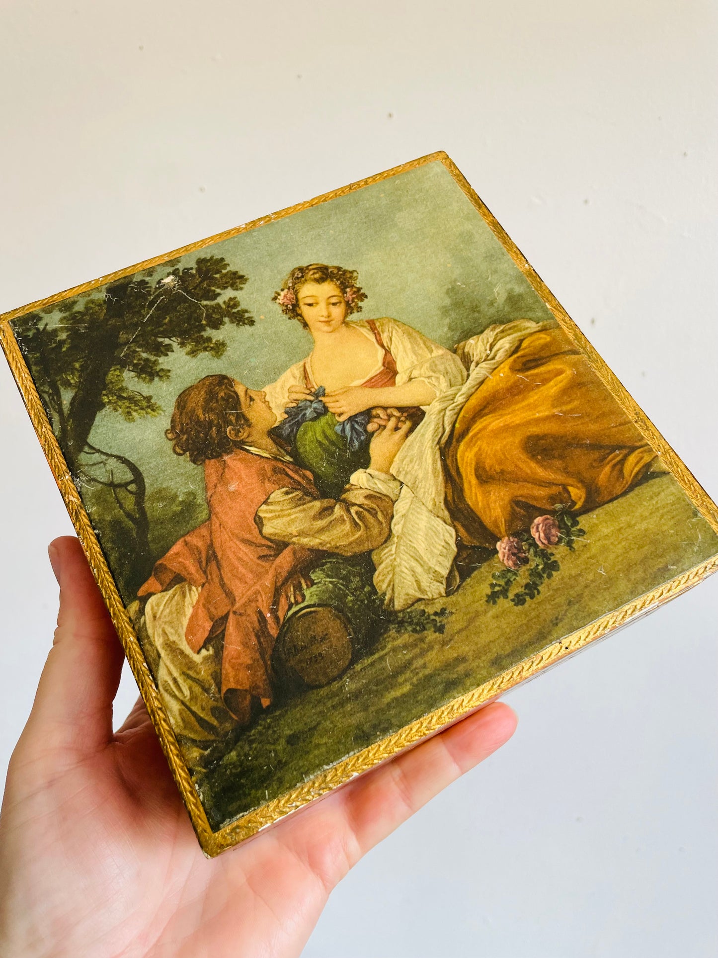 Vintage Florentine Box with Hinged Lid & Scene from François Boucher's Painting "La Musette" - Made in Italy