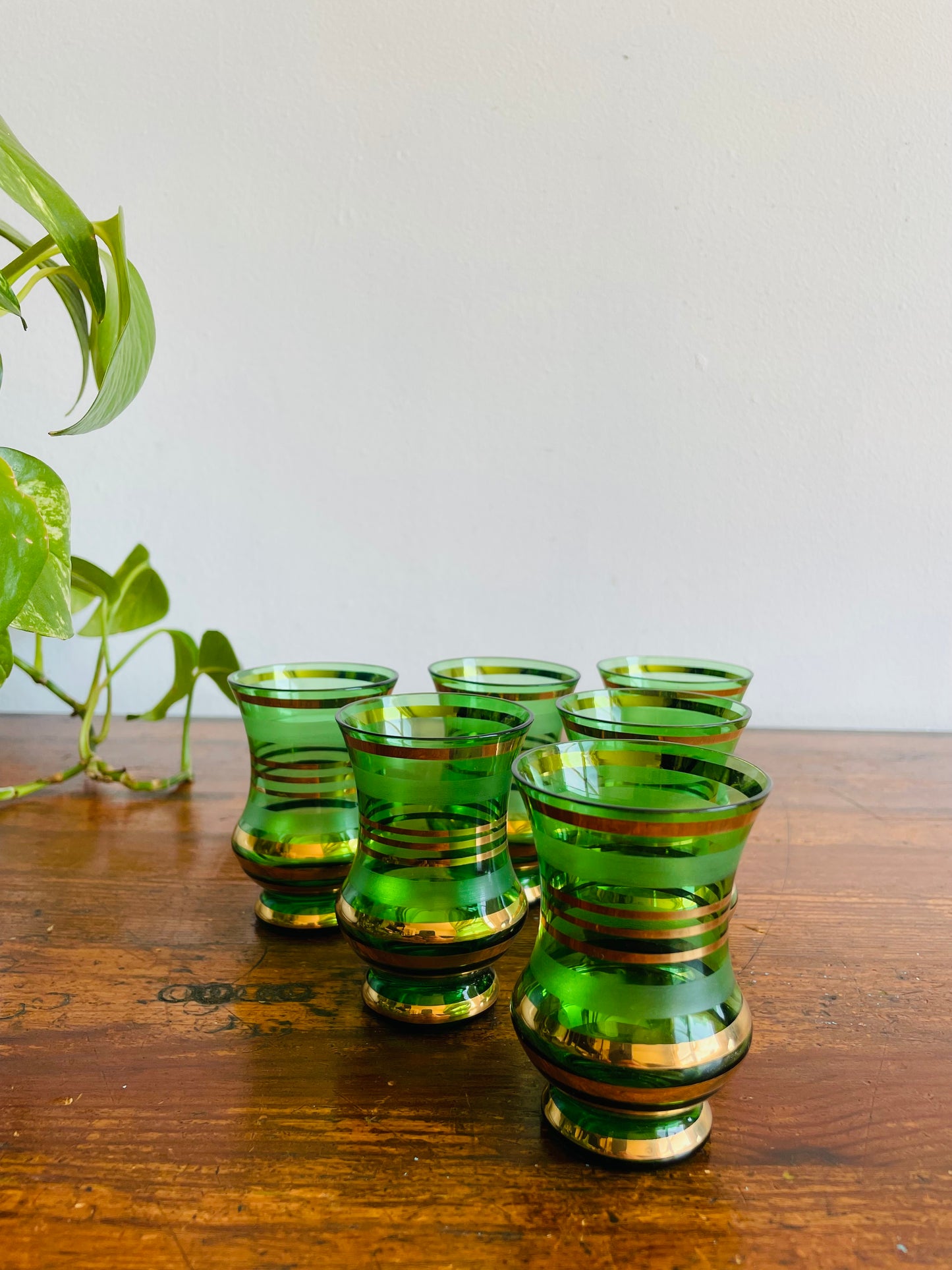 Green Glass with Frosted Bands & Gold Stripes Shot or Cordial Glasses - Set of 6