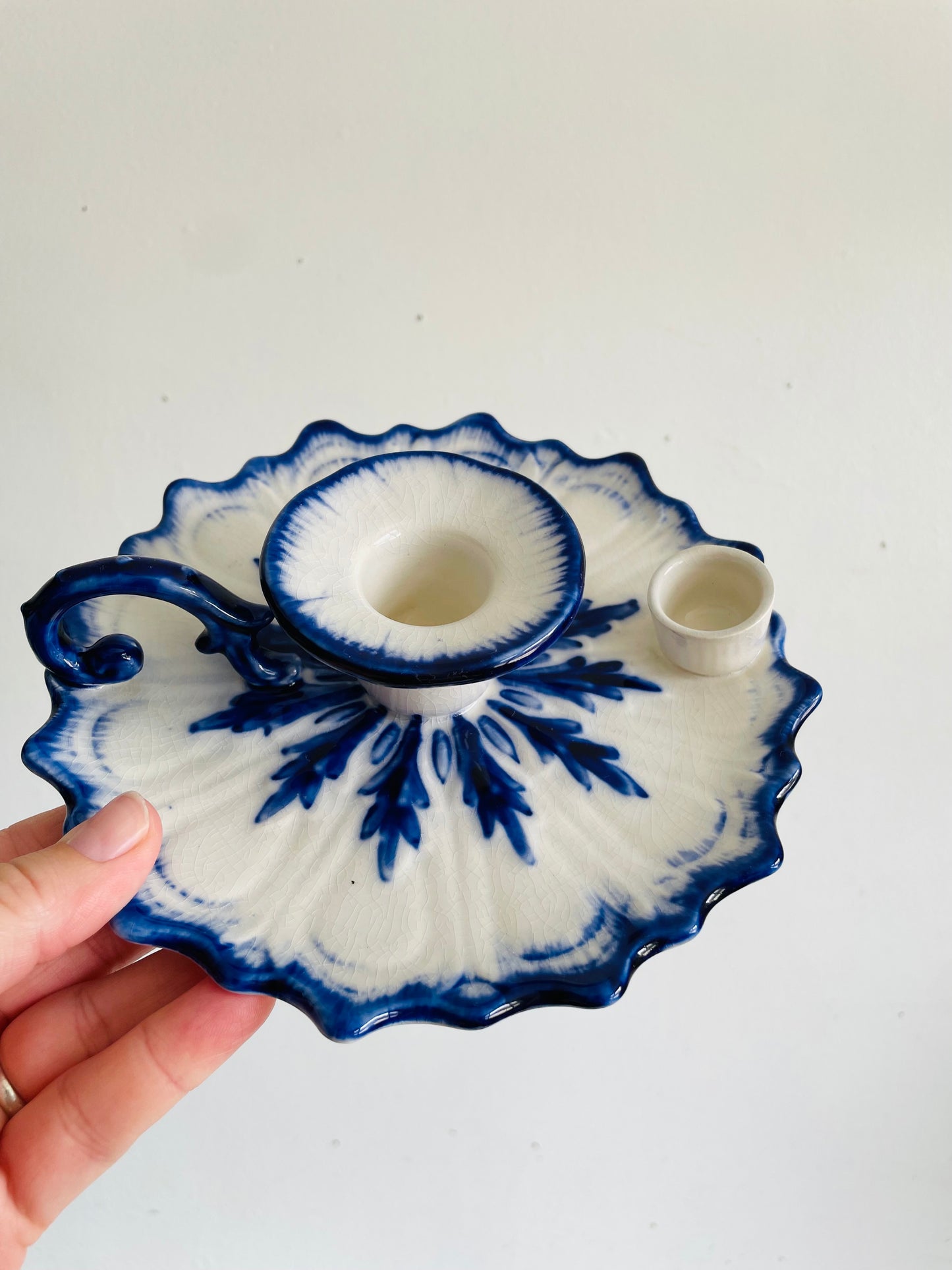 Vintage Staffordshire England Blue & White Ironstone Chamberstick Candle Holder with Snuffer