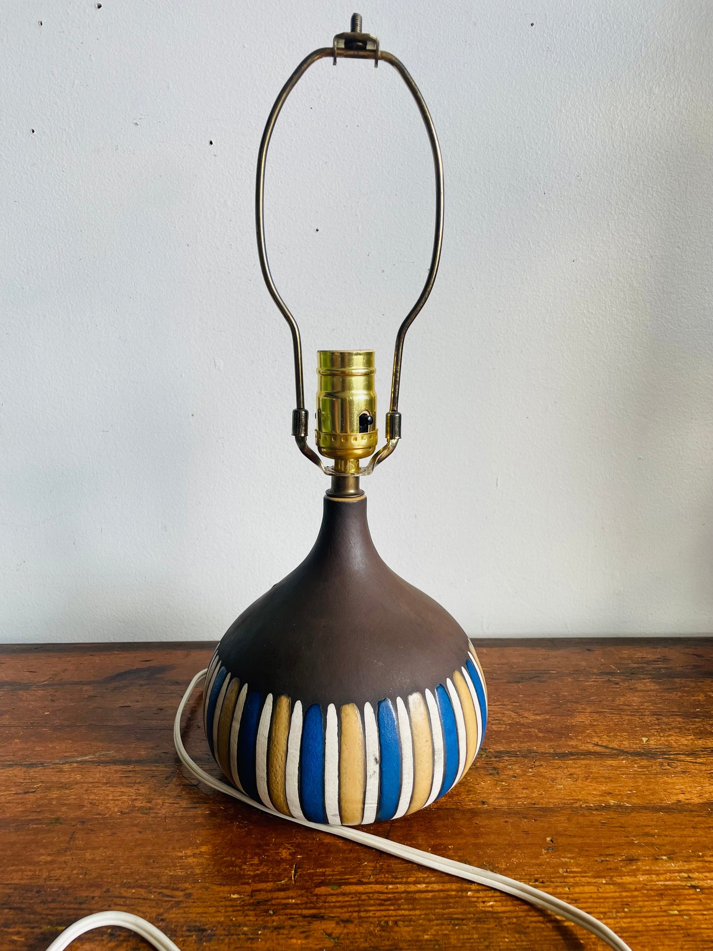 Vintage Mid-Century Modern Style Clay Pottery Lamp with Blue, Tan & Cream Lines Design - Tested / Works!