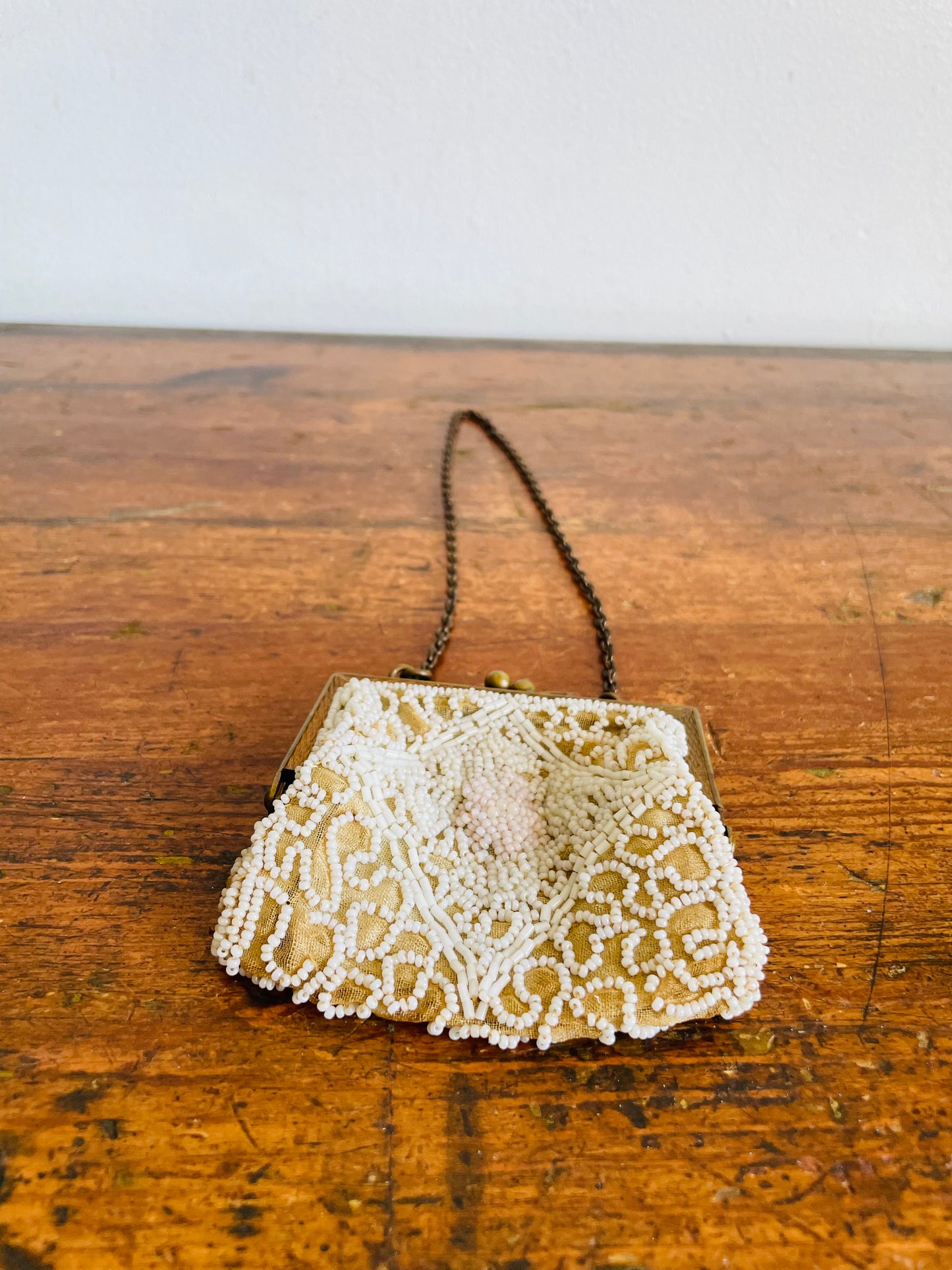 Antique Delicate & Dainty Hand Beaded Tiny Pouch Purse on Brass Chain