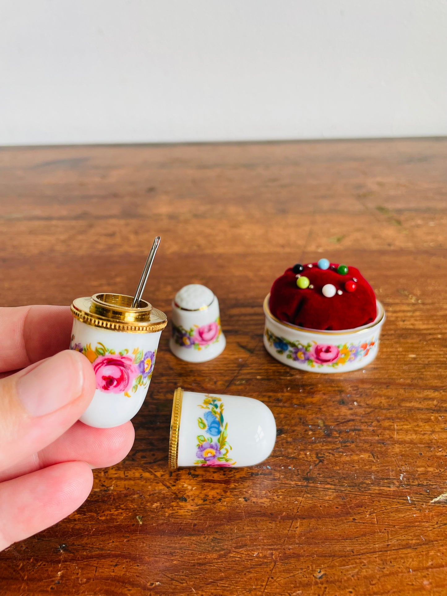 Brand New Vintage Porcelain Sewing Notions Gift Set in Original Box - Reutter Porzellan Germany - Includes Thimble, Pincushion & Needle Holder