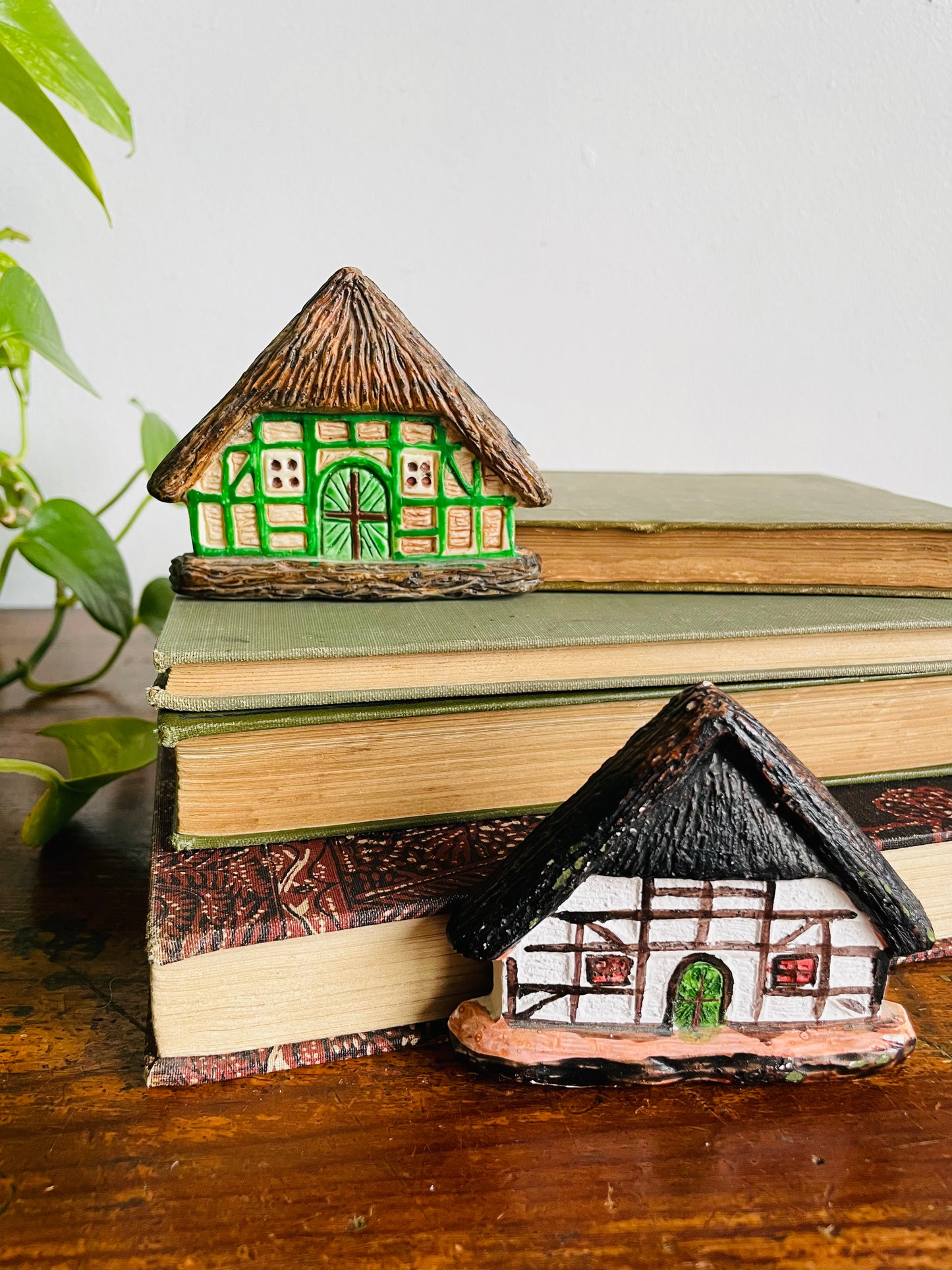 Vintage Adorable Mini Hand-Painted Plaster Thatched Roof Cottage Houses - Can Hang or Lean - Set of 2