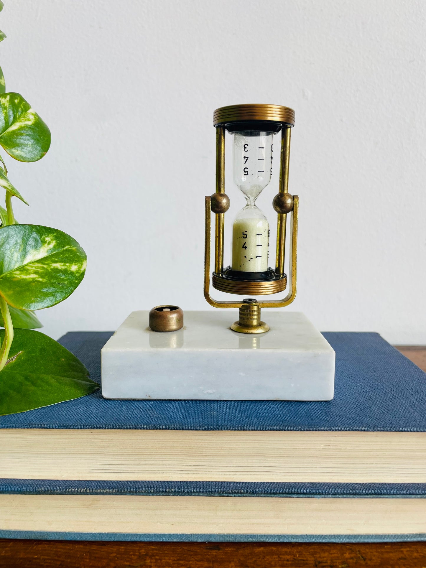 Vintage Brass & Glass Rotating Swinging Hourglass with White Sand on Marble Stone Base - Stylish & Useful!