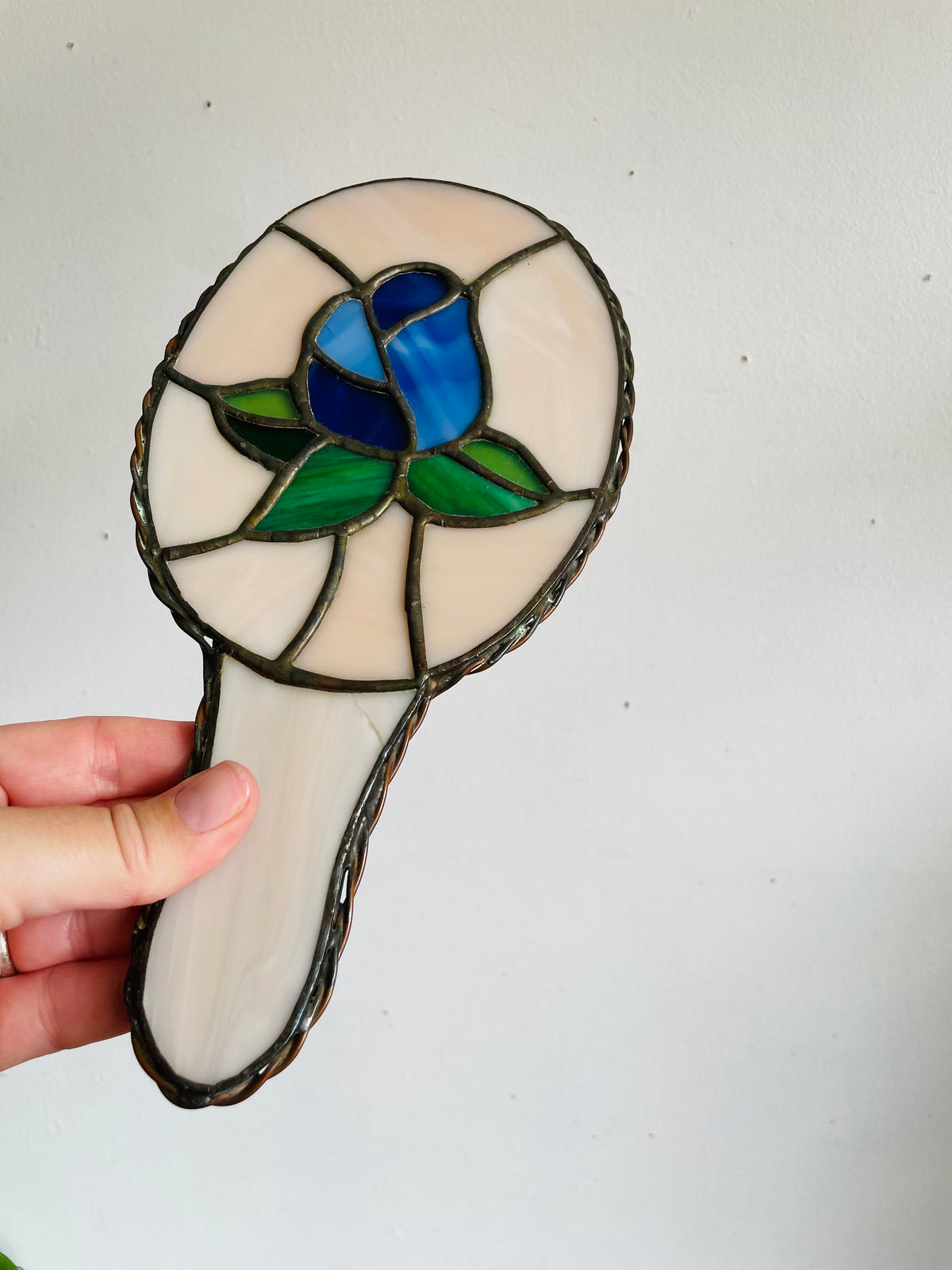 Vintage Stained Glass Handheld Mirror with Blue Rose Flower Design