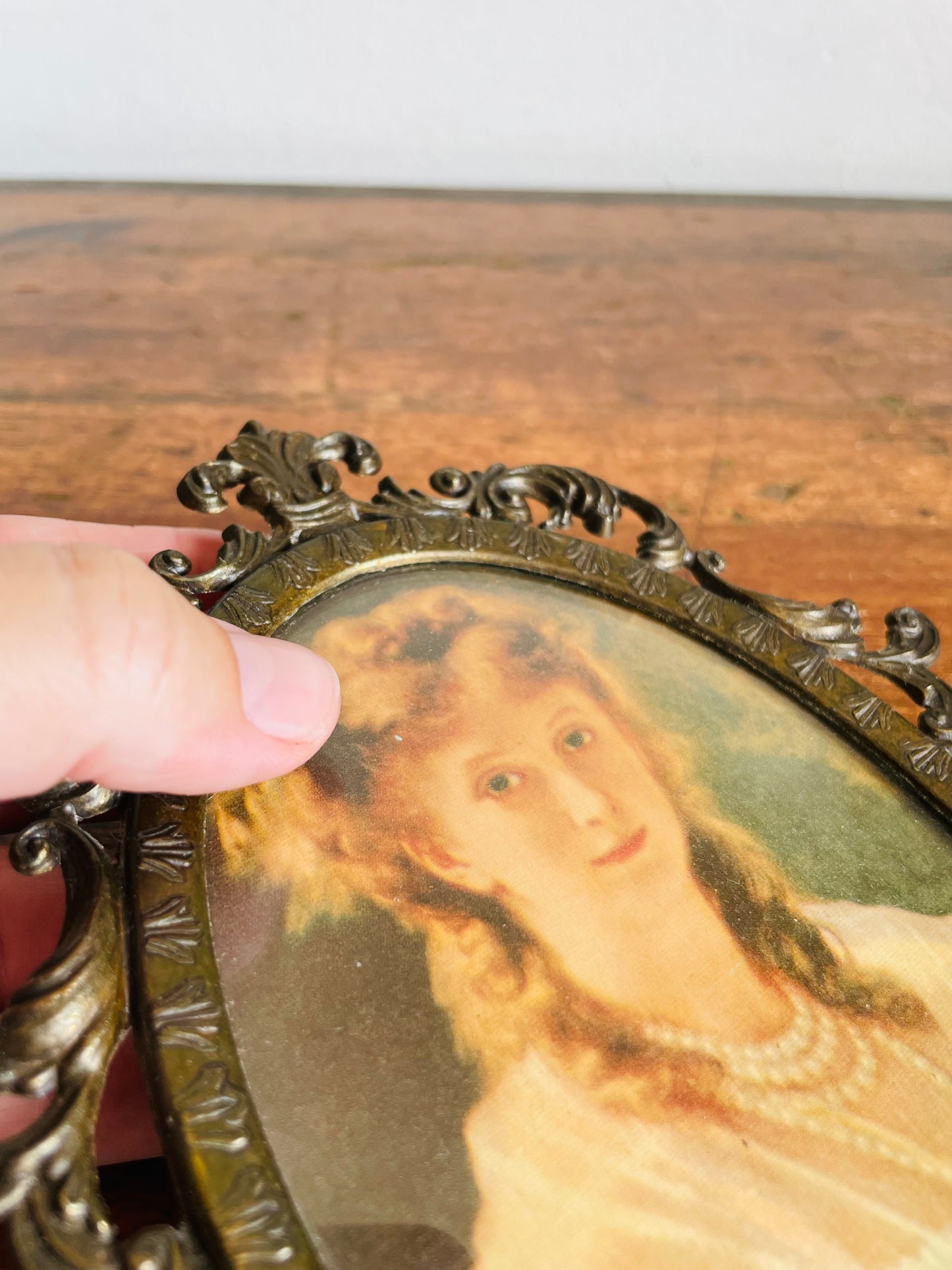 Vintage Oval Ornate Brass Picture Frame with Print of Woman Behind Convex Bubble Glass - Wall Hook for Hanging