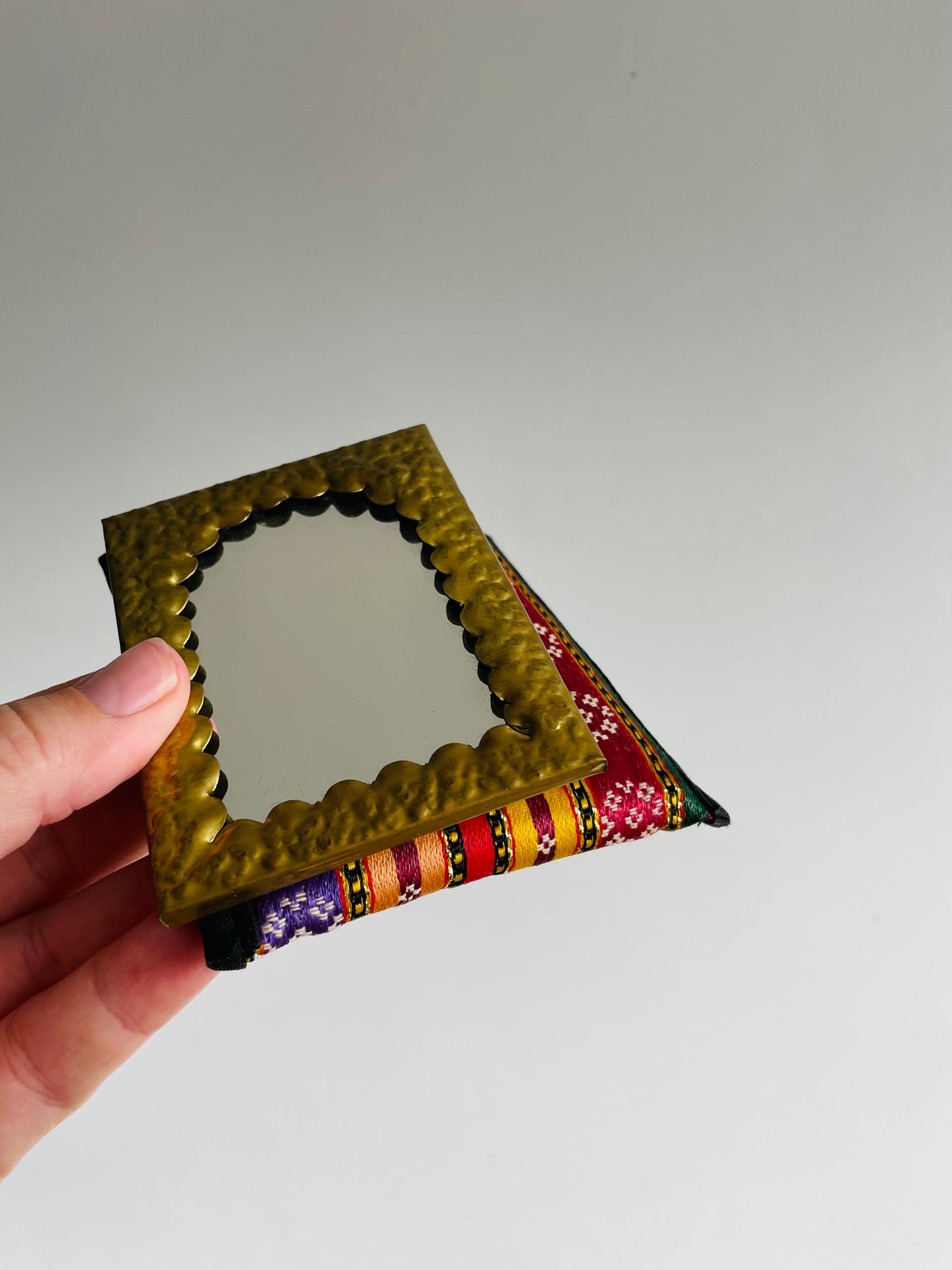 Pocket Sized Hammered Brass Mirror with Cloth Pouch