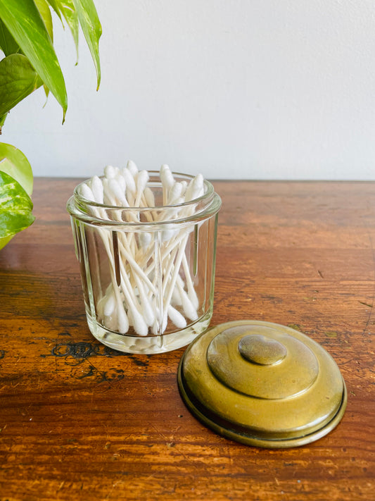 Heavy Bottomed Glass Jar with Brass Lid - Perhaps a 1920s Tobacco Jar - Great Bathroom, Vanity, or Kitchen Storage!