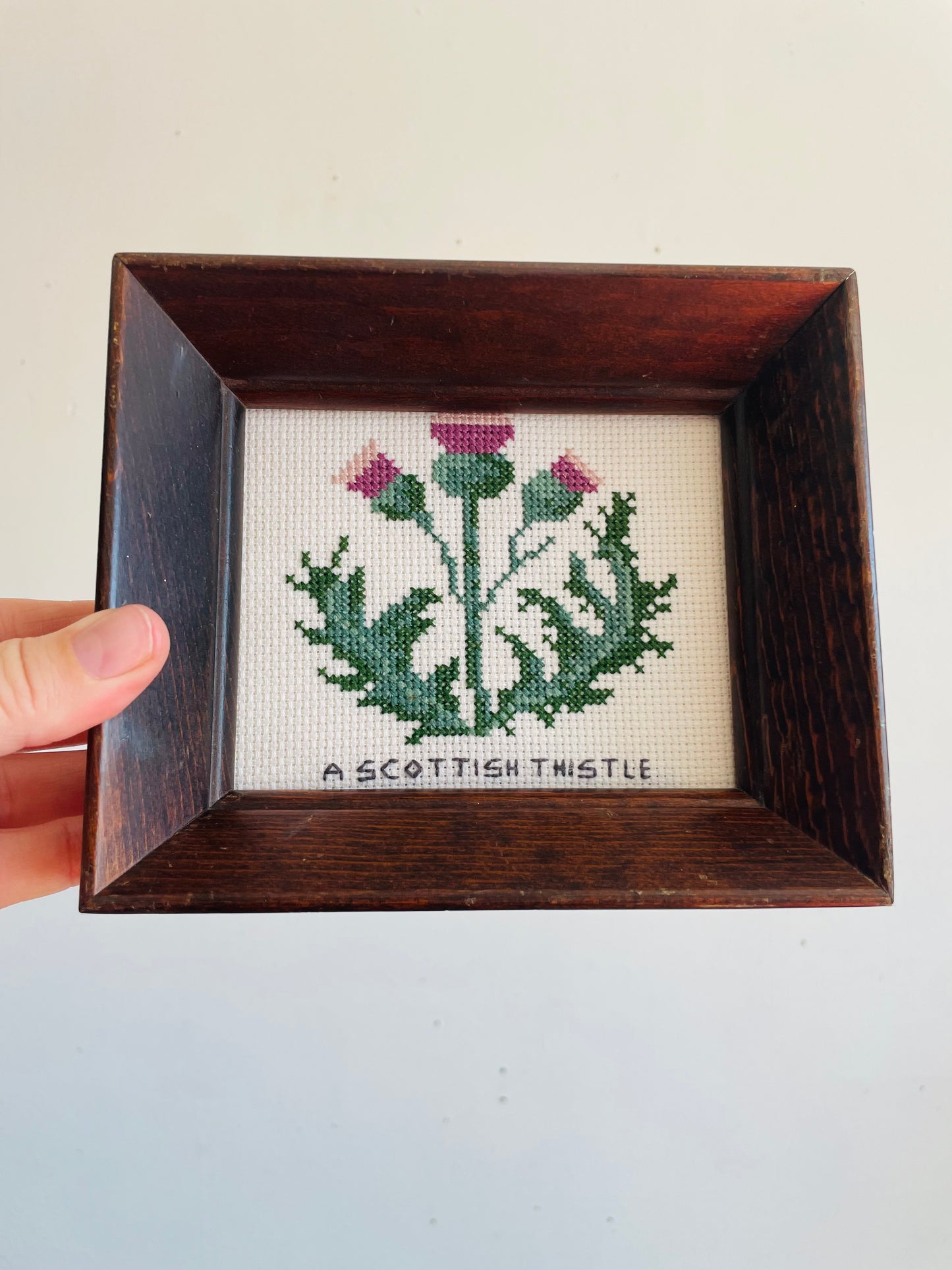 Vintage Scottish Thistle Flower Cross Stitch Embroidery Picture in Chunky Wood Frame