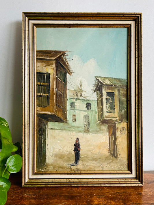 Original Art Painting on Canvas in Wood Frame - Human Figure Walking Down Road in Muted Colours
