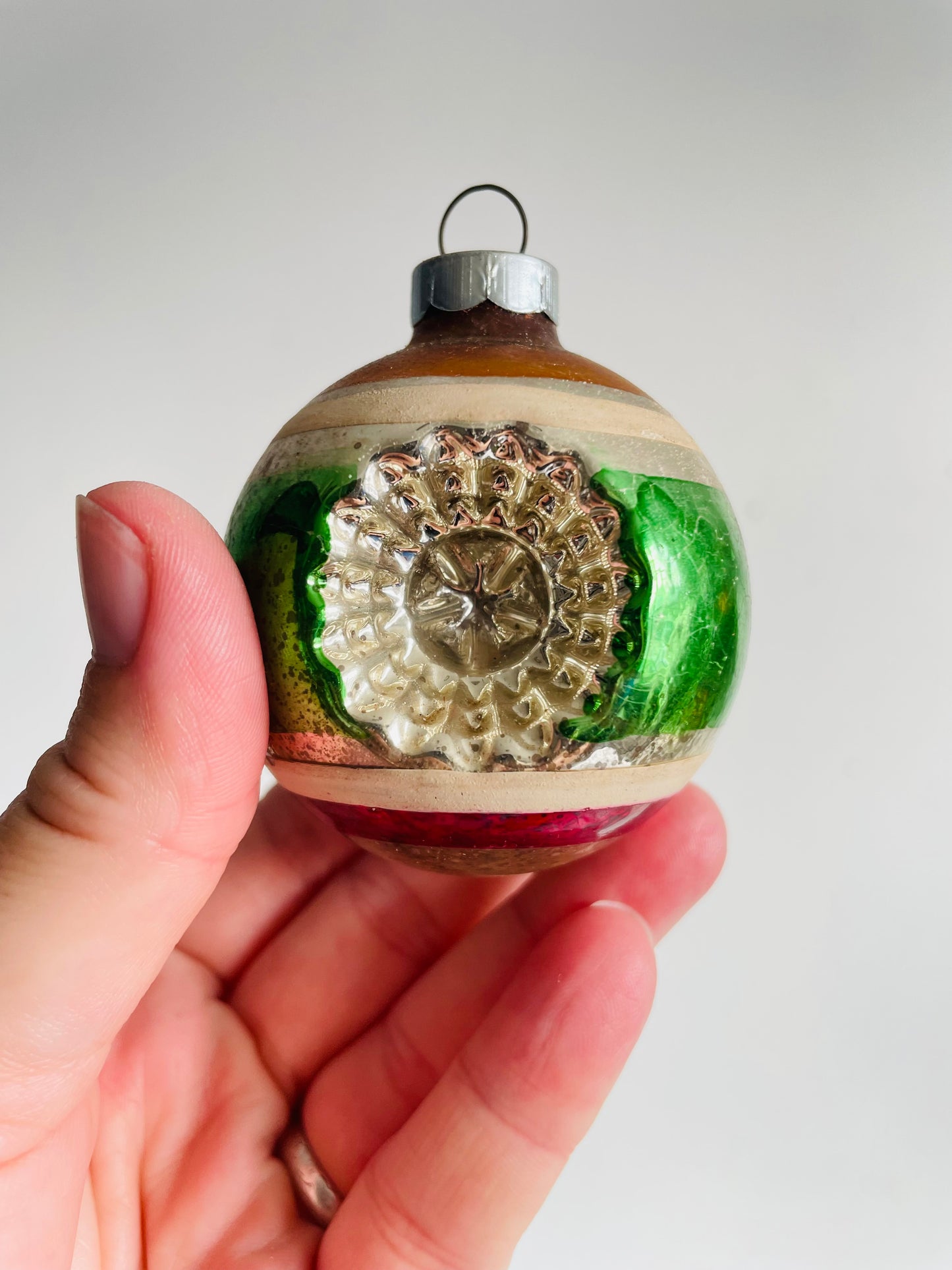 Vintage Collection of Mixed Glass & Indent Ornaments & Silver Tinsel in Divided Box #2 - Set of 10