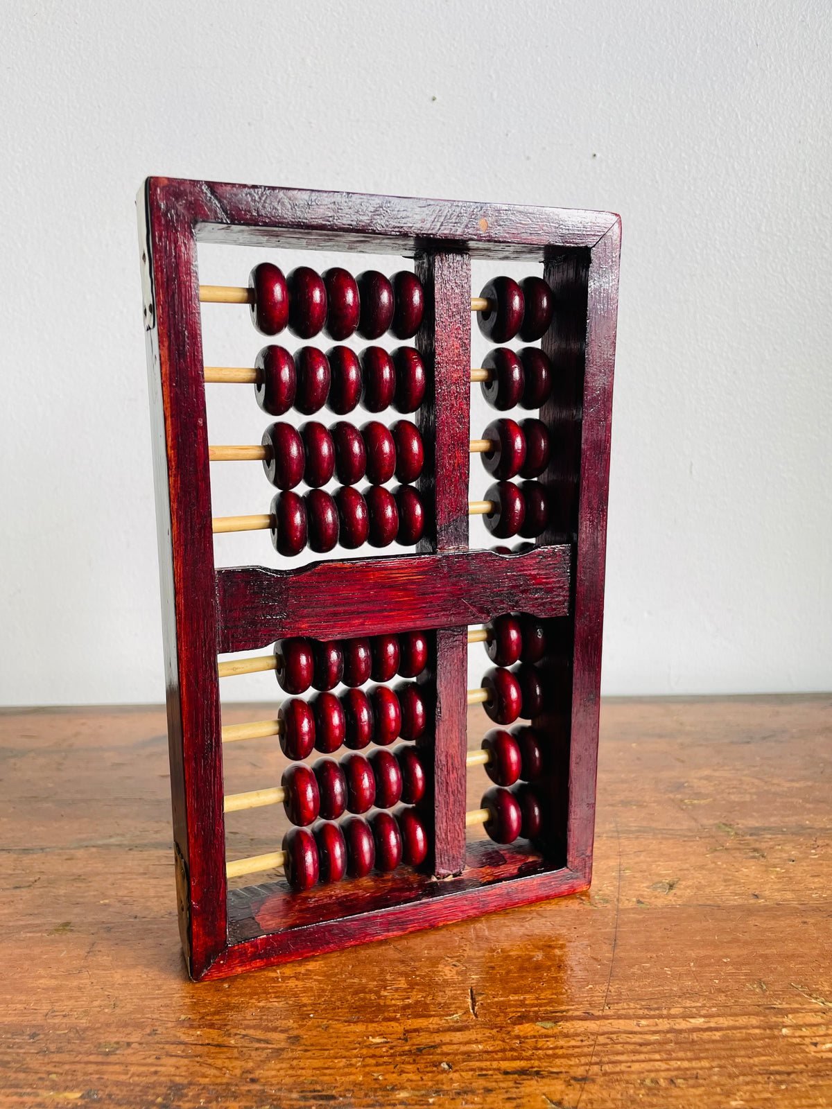 Vintage Red Lion Brand Chinese Suanpan Wood Abacus with Brass Details