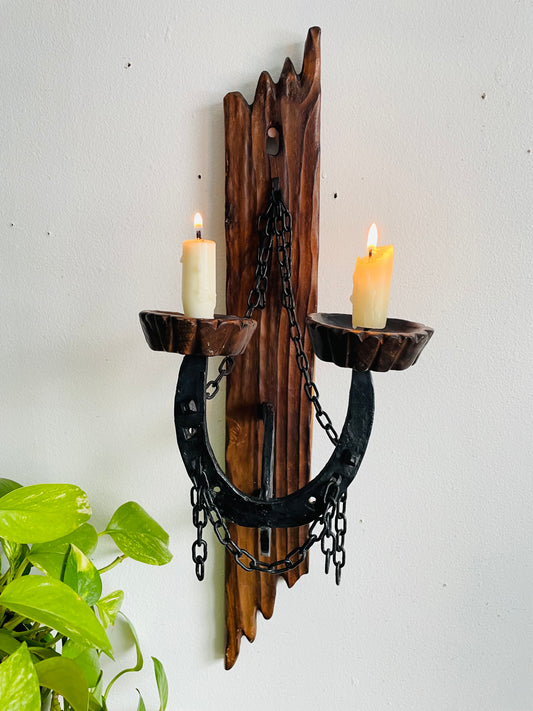 Vintage Gothic Tudor Revival Medieval Castlecore Style Wood & Cast Iron Horseshoe Candle Holder Wall Sconce - Made in Spain