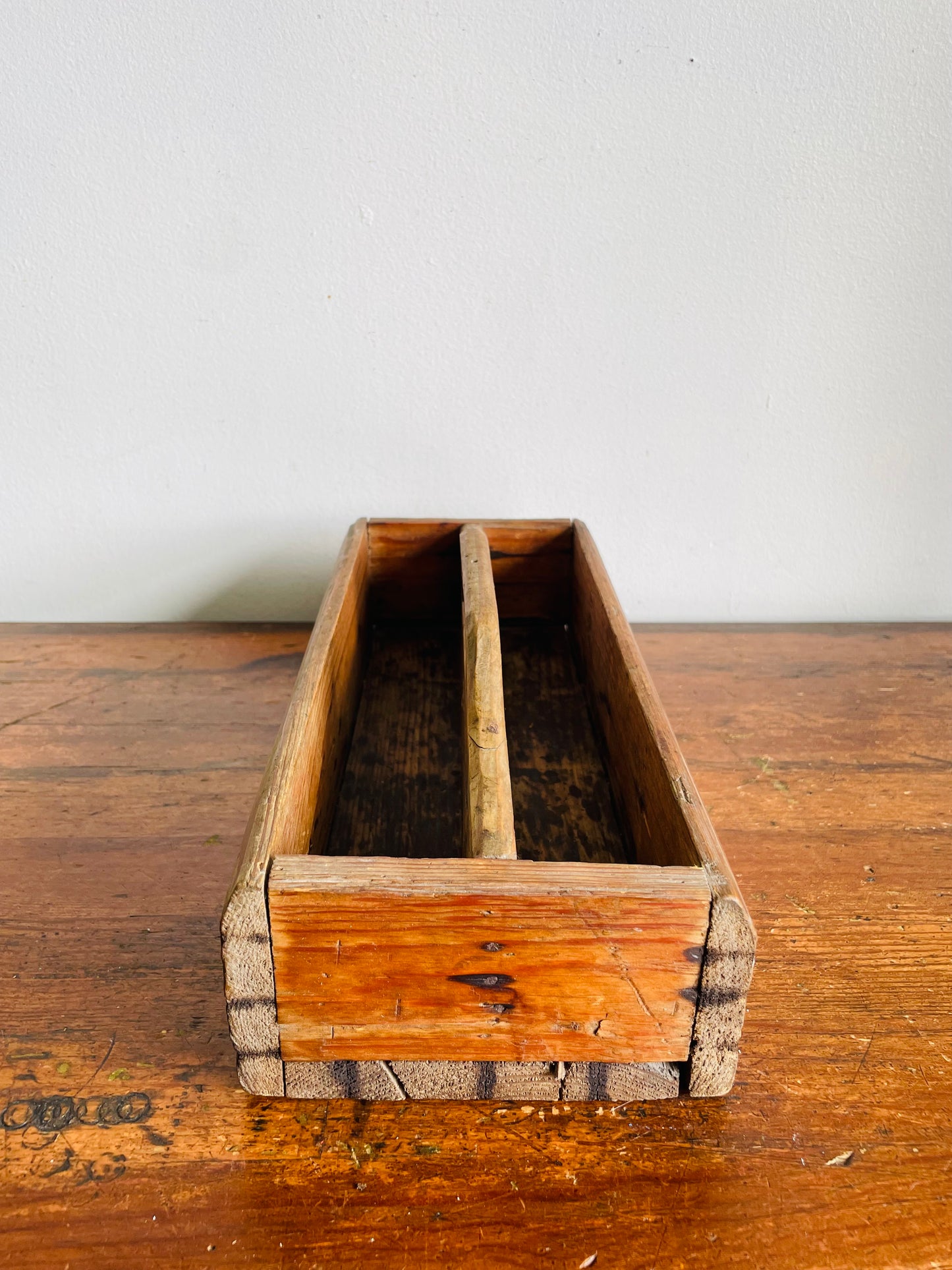 Vintage Divided Wood Caddy Crate Tray Box with Handle & Rustic Patina - As-Is