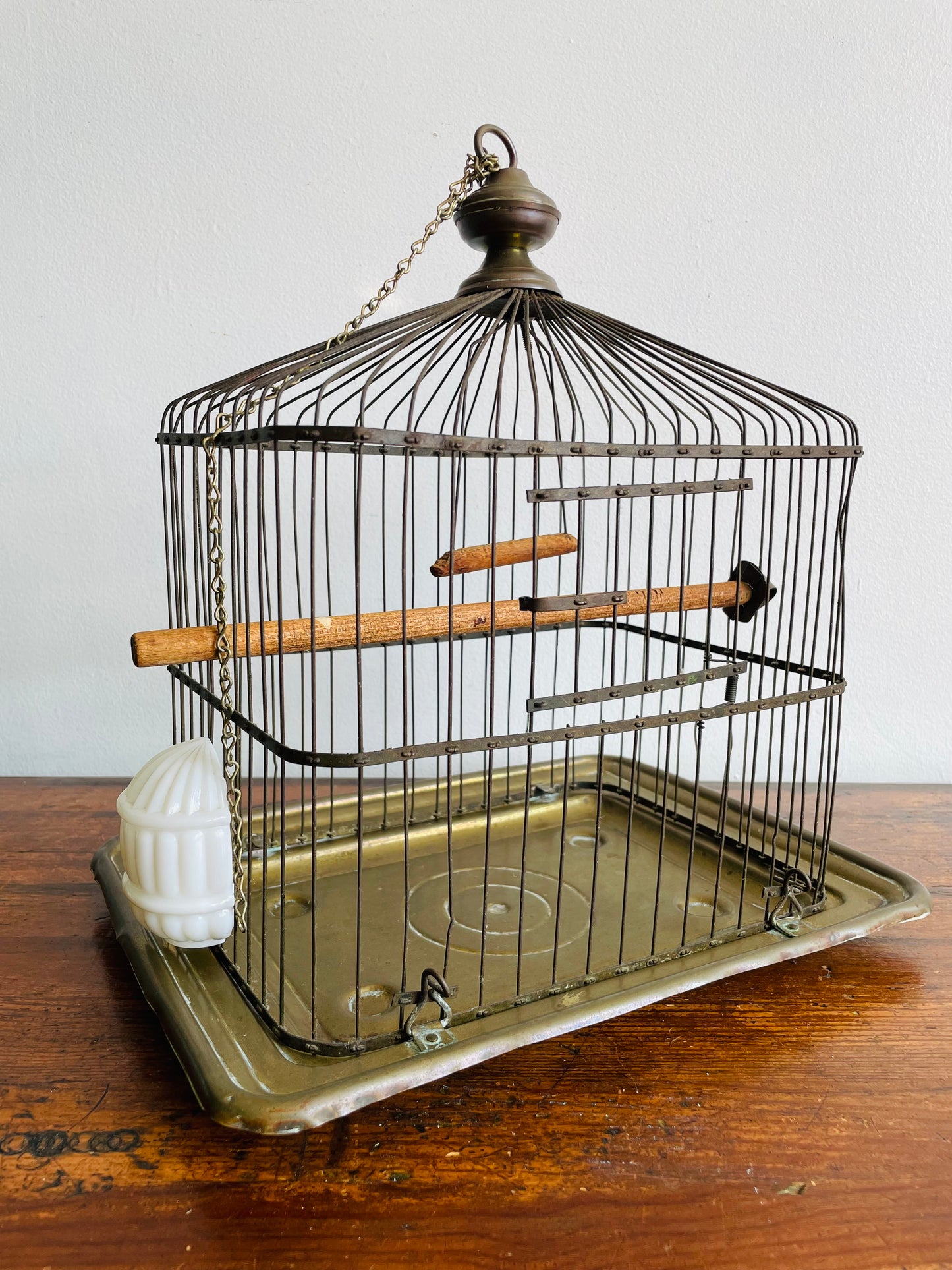 Antique Hendryx Brass & Metal Wire Bird Cage with Wood Perches & Milk Glass Food Dish - Art Deco Decor