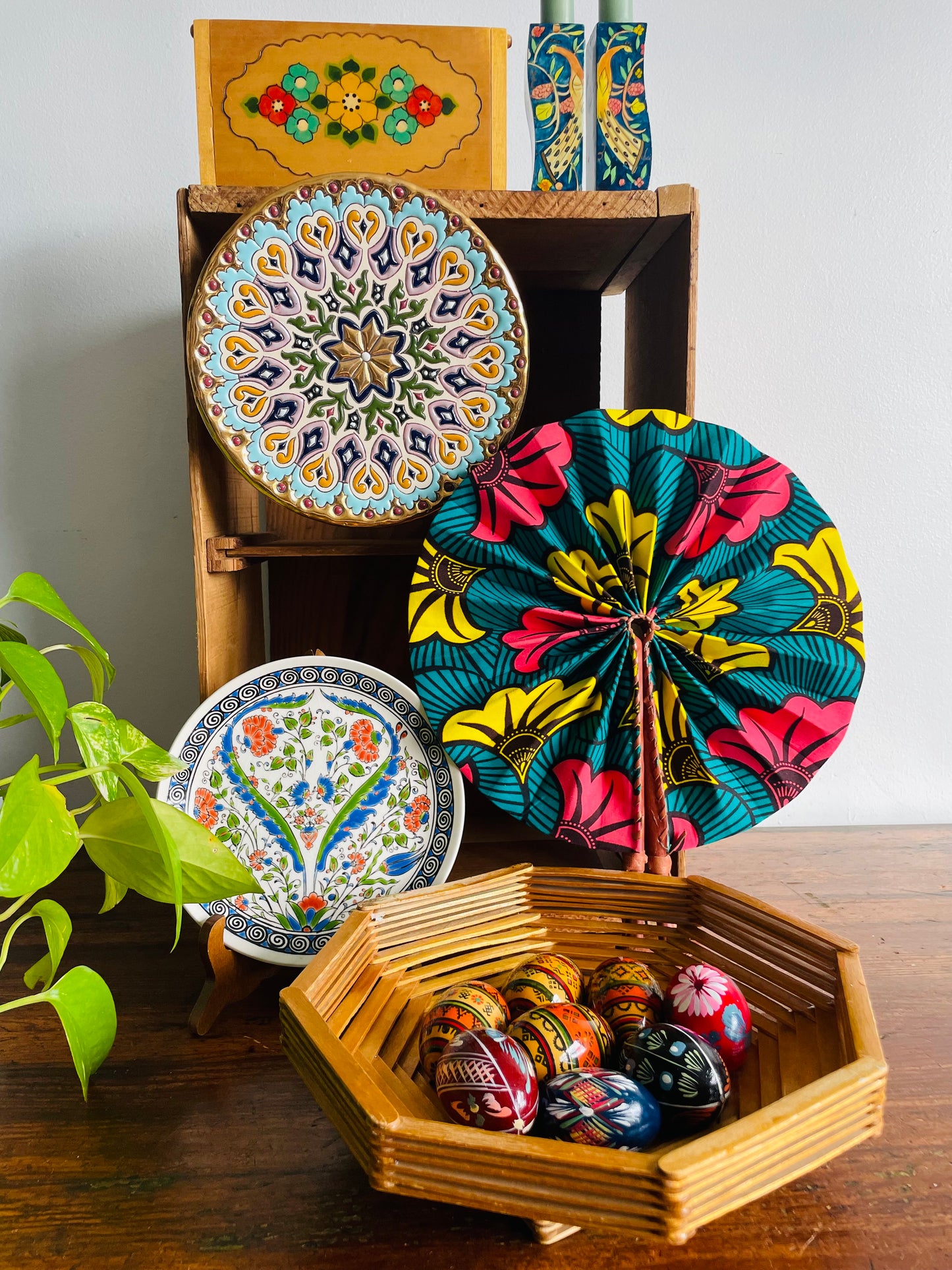 Israeli Lacquered Wood Wavy Candle Holders with Hand Painted Peacock, Lion, Deer, Bird & Flower Design - Yair Emanuel Shabbat Candles