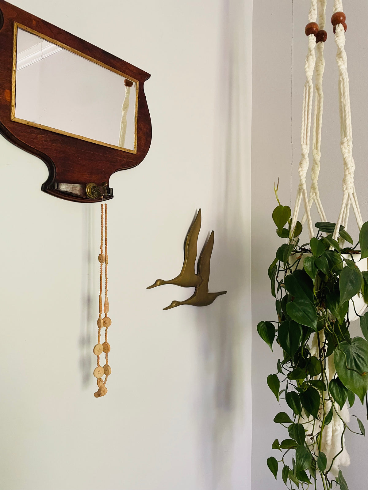 Vintage / Antique Wood Mirror with Gold Trim & Brass Hook for Hanging Items